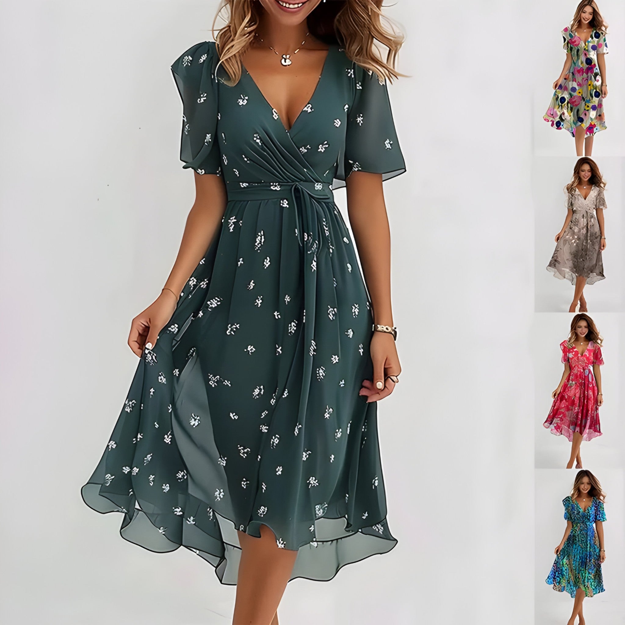 Emilia | Elegante abito midi con stampa floreale neutra - - DRESS Dresses female dress floral dresses - Concept Palermo