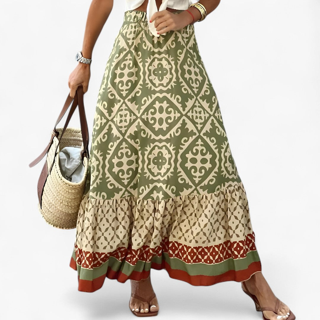 Leonie | Gonna Maxi Boho con Stampa Ikat - Verde militare - Skirt - Concept Palermo