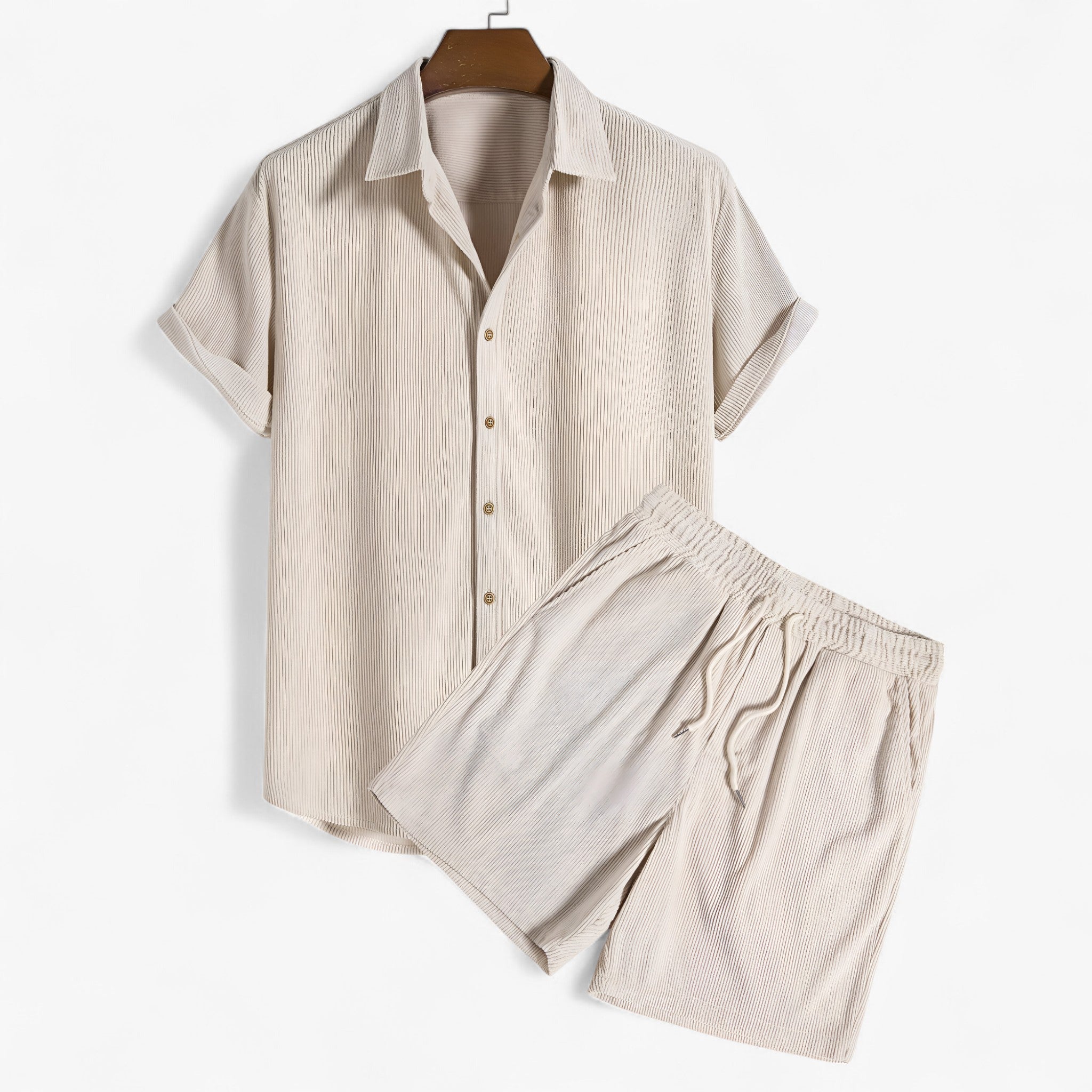 Daryl | Set Estivo da Uomo in Materiale Traspirante - Beige - afslappet stil delt sæt til mænd flerfarvet sæt komfortabelt skab kortærmet skjorte maskinvaskbar tøj slidstærke shorts sommer mode sommertøj til mænd udendørs outfit - Concept Palermo