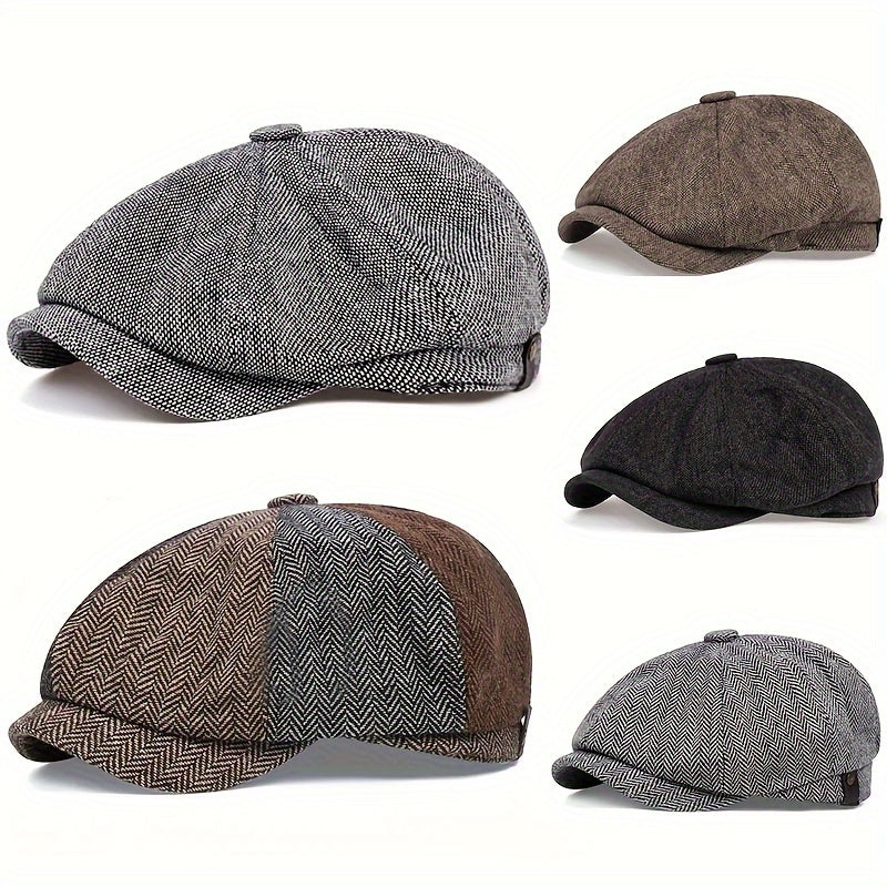 Cappellino retrò con otto pannelli in tessuto tweed a spina di pesce, berretto casual a righe - - caps hats - Concept Palermo