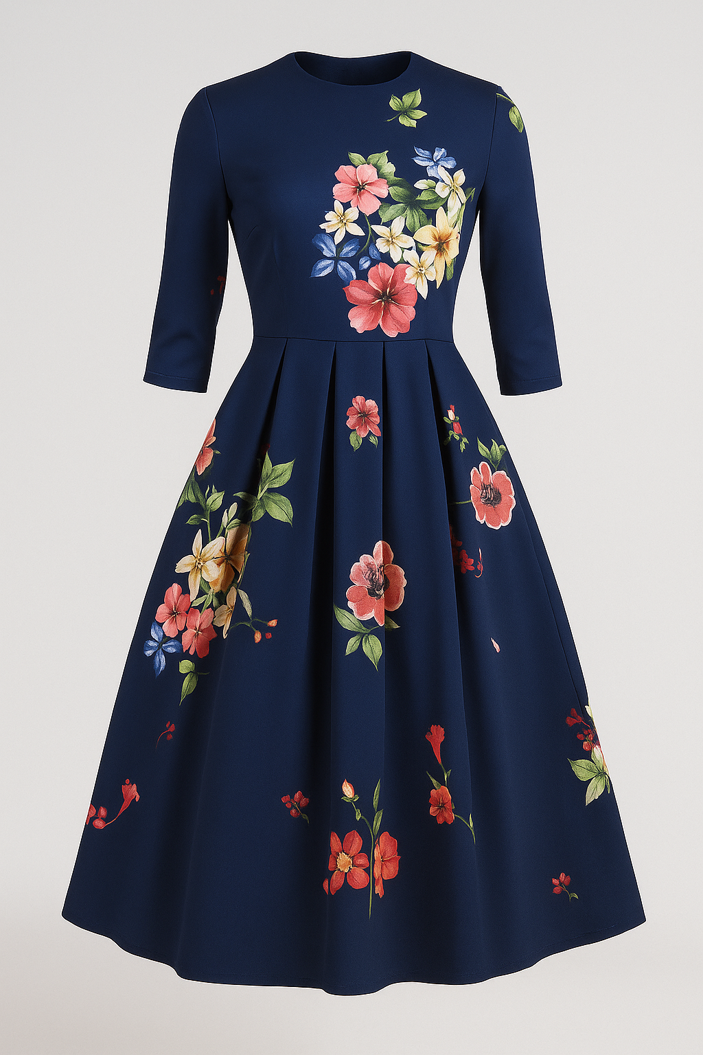 Retrozo | Elegante vestito midi con stampa floreale e maniche 3/4 - Blu navy - ADULT Fashion & Casual Frauen Kleider - Concept Palermo