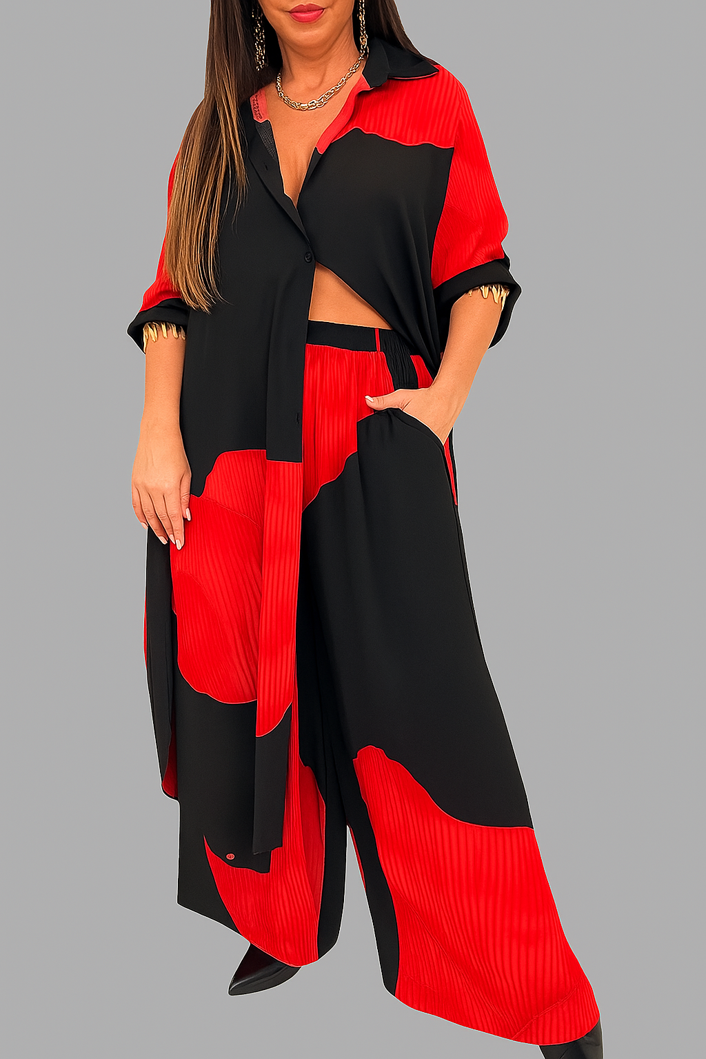 Amelia | Set Tuta Donna Elegante con Camicia e Pantaloni - Rosso-Nero - abbigliamento quotidiano camicia a bottoni camicia lunga donna moda femminile outfit casual donna pantaloni con cordoncino set elegante donna stile e comfort taglie disponibili S M L XL tessuto leggero - Concept Palermo