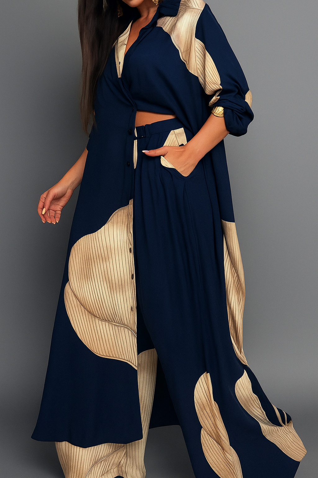 Amelia | Set Tuta Donna Elegante con Camicia e Pantaloni - Navy-Rosa - abbigliamento quotidiano camicia a bottoni camicia lunga donna moda femminile outfit casual donna pantaloni con cordoncino set elegante donna stile e comfort taglie disponibili S M L XL tessuto leggero - Concept Palermo
