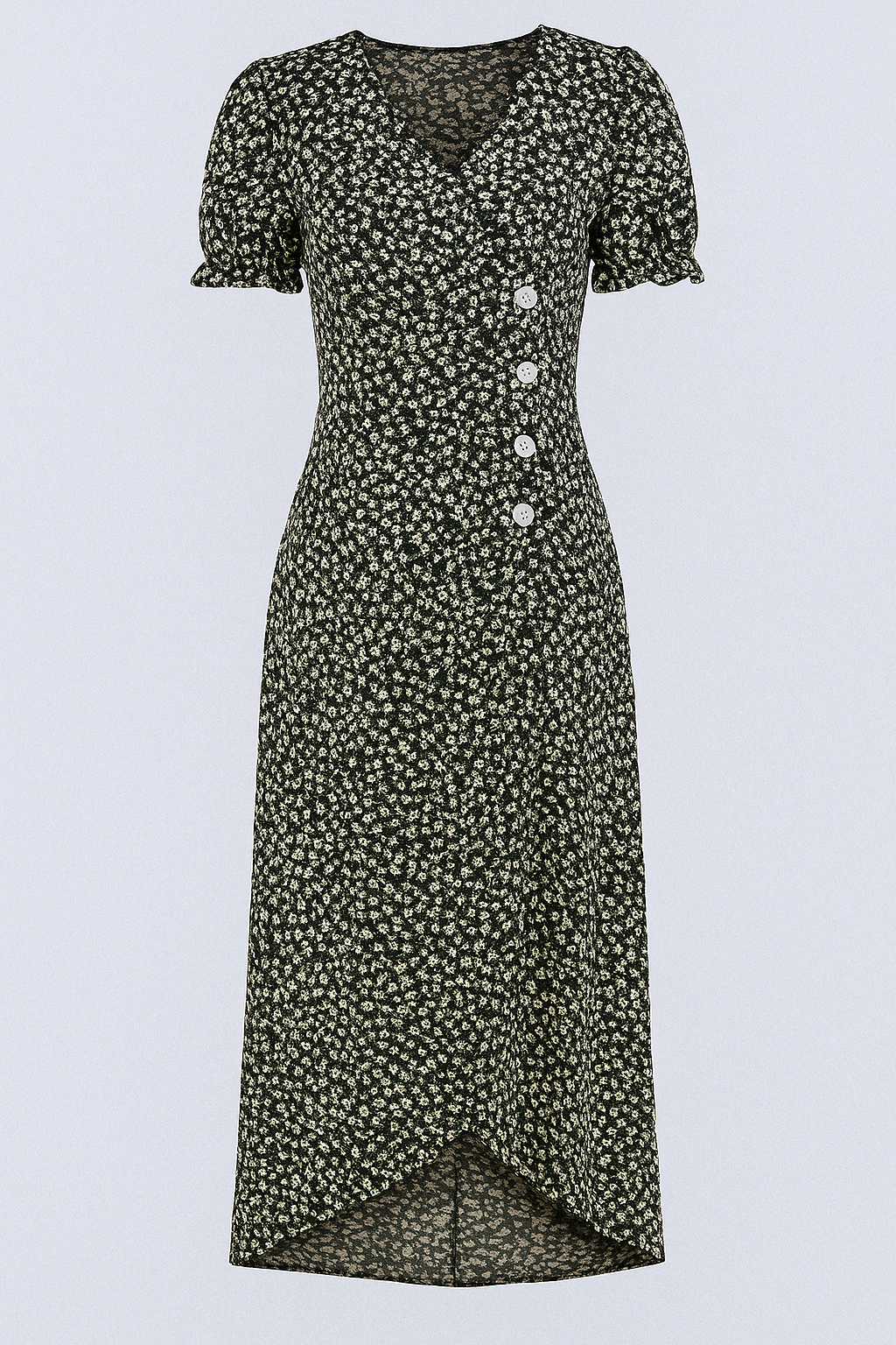 Marie | Vestito midi stampato con scollatura a V e bottoni laterali - Nero - Frauen Kleider - Concept Palermo