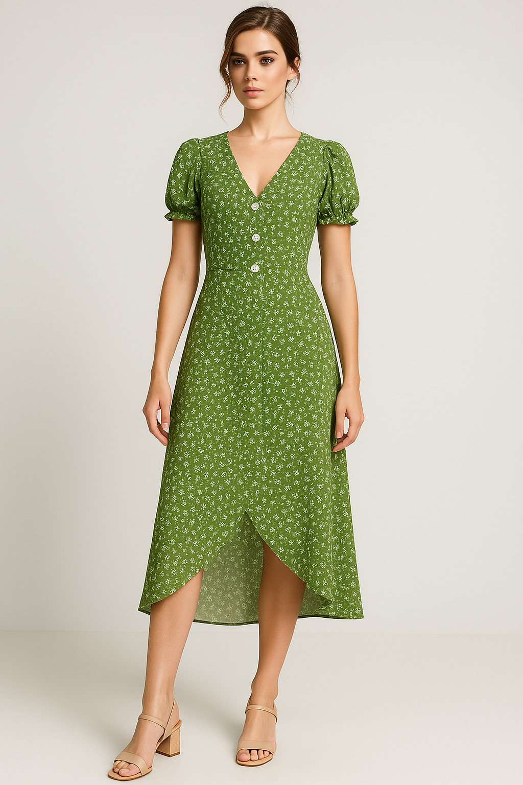 Marie | Vestito midi stampato con scollatura a V e bottoni laterali - - Frauen Kleider - Concept Palermo