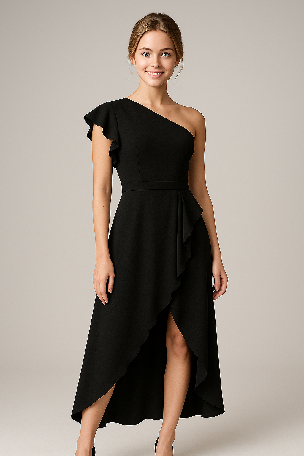 Sole | Abito Donna Asimmetrico Elegante con Rouches - - abito asimmetrico abito con rouches abito spalla unica abito versatile design irregolare look elegante moda femminile silhouette taillèe tessuto di alta qualità vestito per eventi formali - Concept Palermo