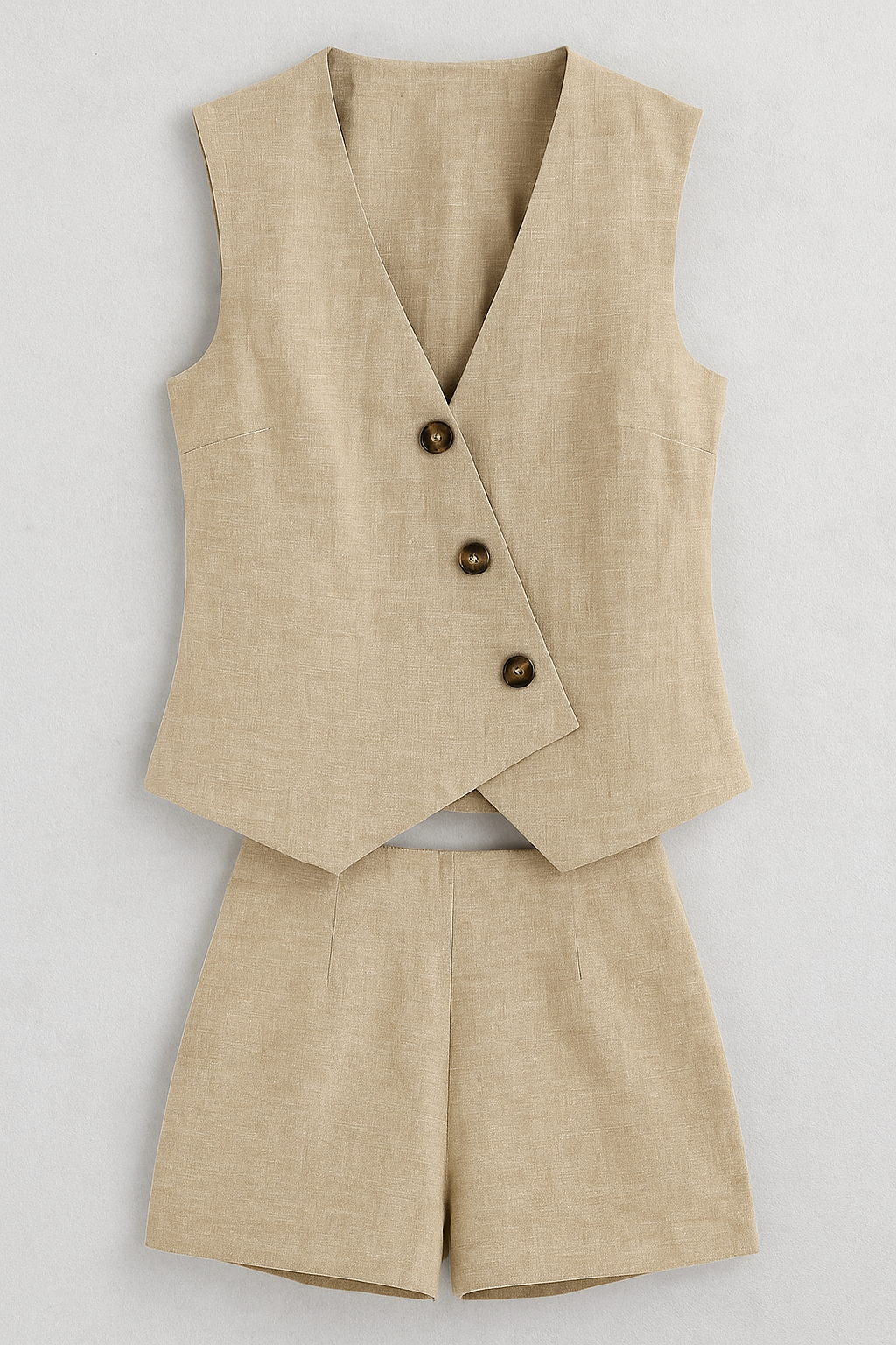 Zoya | Set estivo da donna con top avvolgente e short in misto lino - Mandorla - Clothes clothes for women women clothes - Concept Palermo