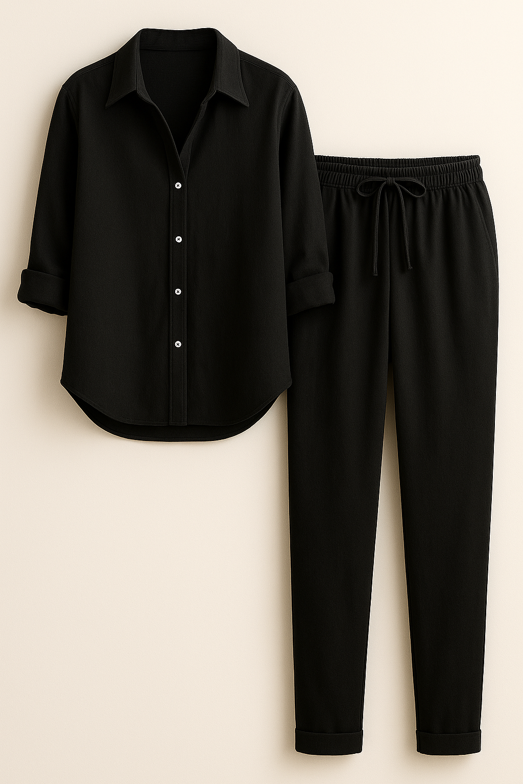 Beth | Completo Estivo Elegante in Lino e Cotone - Nero - abbigliamento comodo abbigliamento traspirante abiti in lino camicia casual completo estivo moda rilassata outfit estivo pantaloni larghi set in lino e cotone stile naturale - Concept Palermo