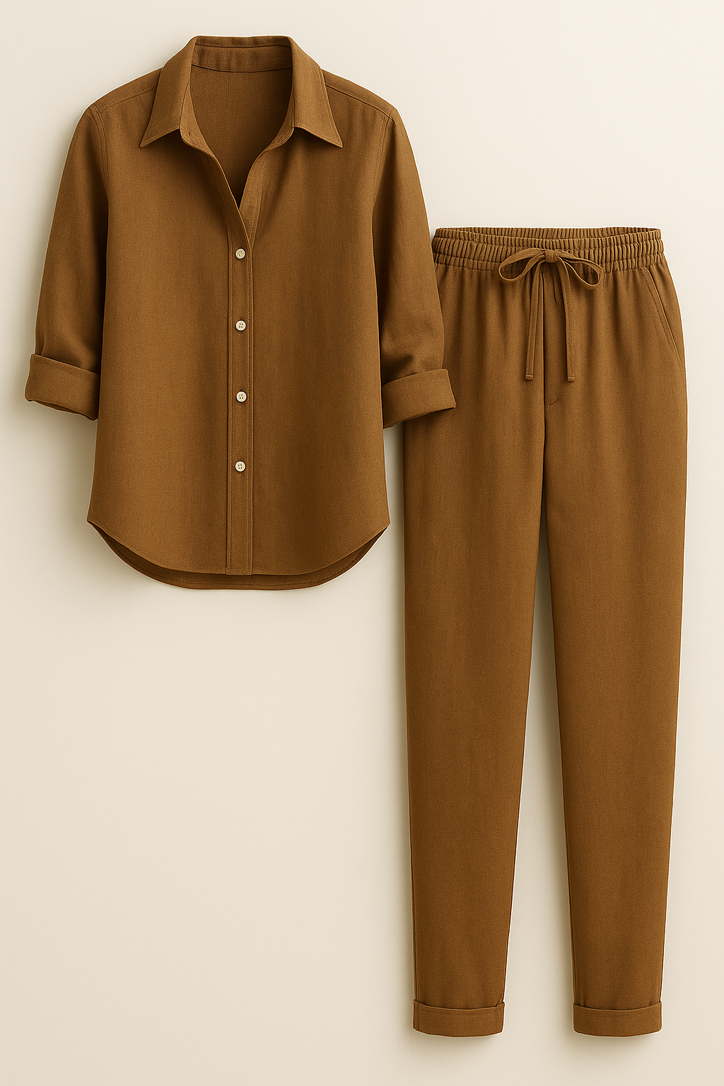 Beth | Completo Estivo Elegante in Lino e Cotone - Marrone - abbigliamento comodo abbigliamento traspirante abiti in lino camicia casual completo estivo moda rilassata outfit estivo pantaloni larghi set in lino e cotone stile naturale - Concept Palermo
