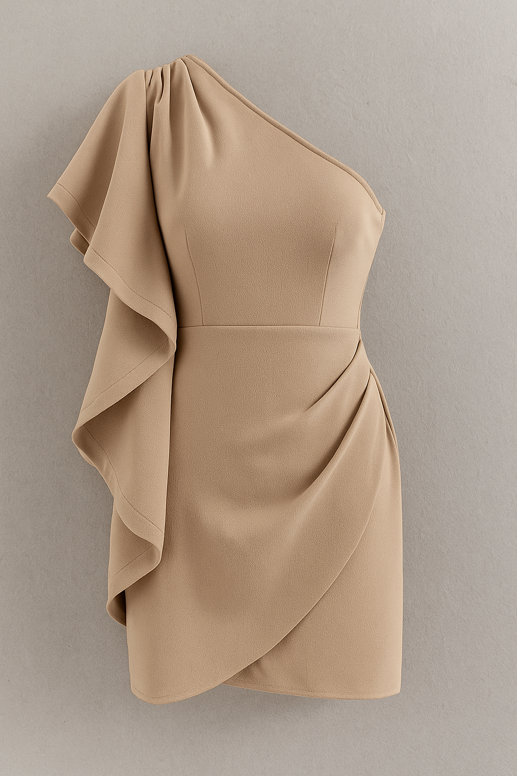 Molly | Abito Cerimonia Donna Asimmetrico Elegante - Khaki - abito asimmetrico abito cocktail abito drappeggiato abito elegante abito mini gonna avvolgente mini dress moda serale modellante tessuto strutturato - Concept Palermo