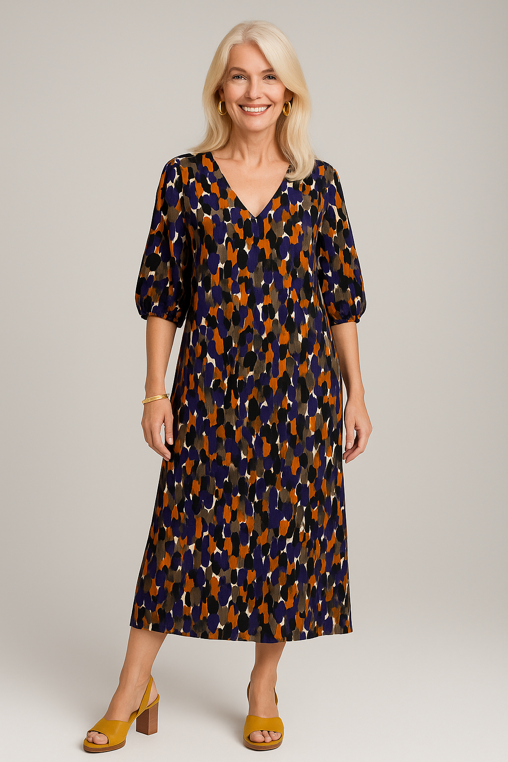Eleanor | Abito Donna Elegante Stampa Vintage - - abito alla moda abito da cerimonia abito elegante abito versatile look raffinato moda chic stampa vintage tessuto morbido V-hals abito vestito con maniche a sbuffo - Concept Palermo