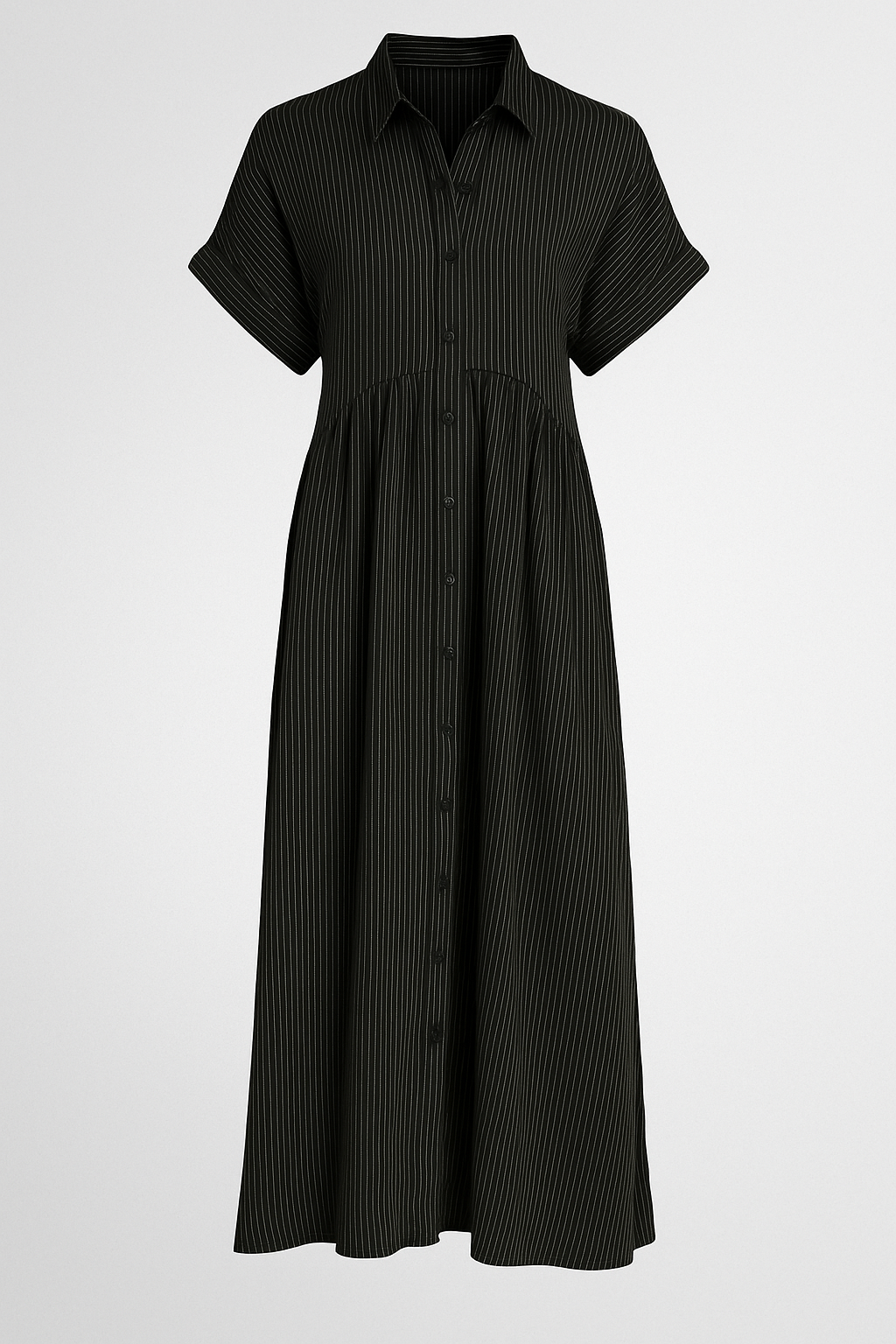 Corrine | Abito Midi Elegante a Strisce con Tasche - Nero - abito a camicia abito a strisce abito comodo abito con tasche abito elegante abito midi abito versatile vestito casual vestito da lavoro vestito per tutte le occasioni - Concept Palermo