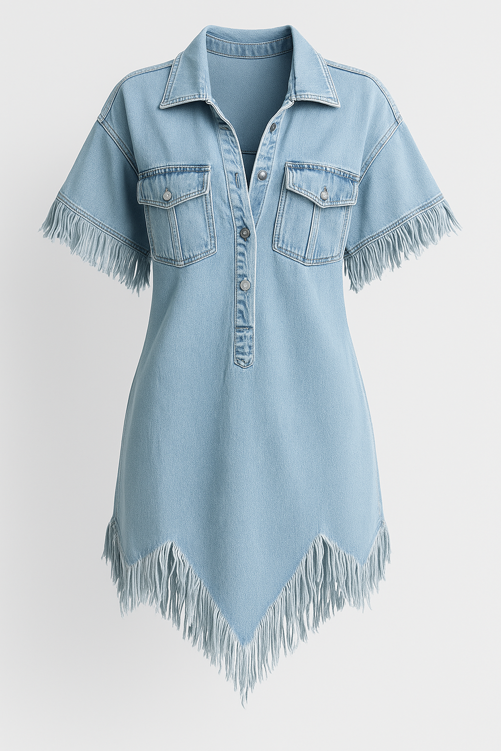 Abito chemisier in denim Dakota con frange e tasche sul petto - Celeste - fashion Fashion & Casual womens fashion - Concept Palermo