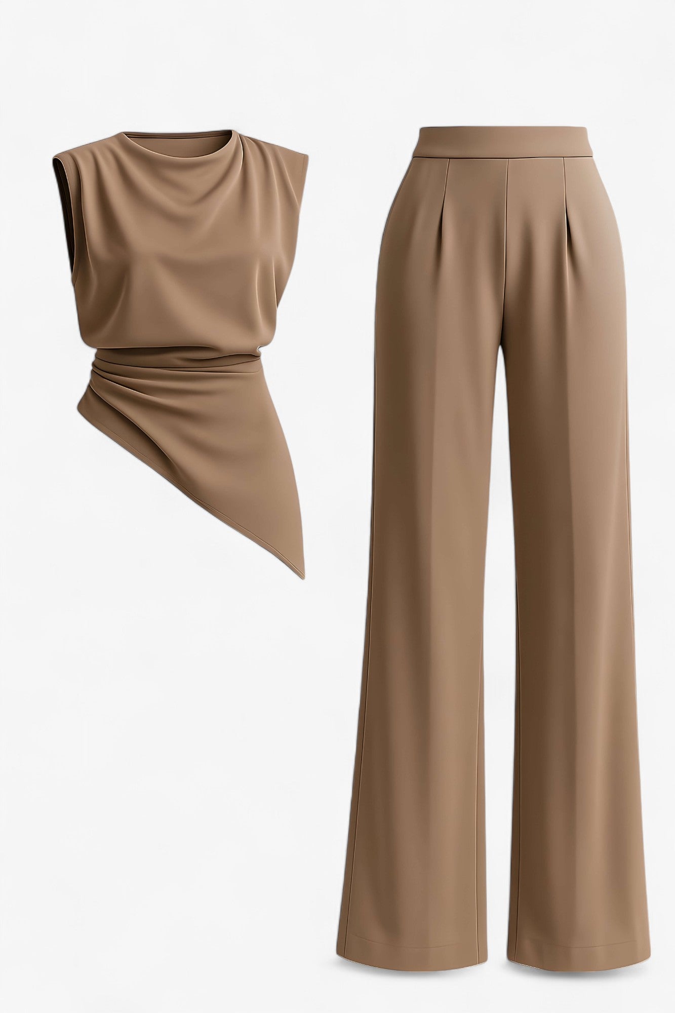 Bonnie | Set Elegante Due Pezzi per Donna - Marrone chiaro - abbigliamento versatile abito sofisticato design raffinato due pezzi donna moda femminile outfit elegante pantaloni a vita alta set da donna stile chic tessuto leggero - Concept Palermo