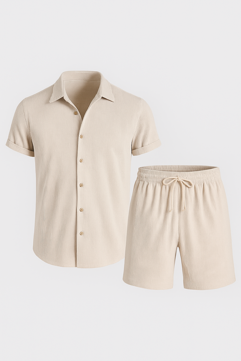 Jasper | Set estivo in cotone con camicia a maniche corte e pantaloncini elastici - Beige - casual summer outfit - Concept Palermo