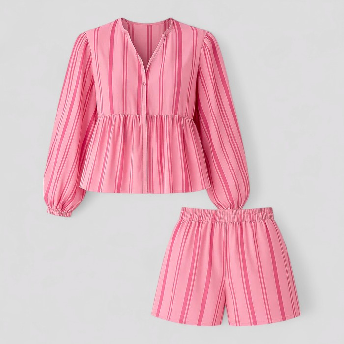 Renata | Completo Estivo a Righe per Donna - Rosa - abbigliamento estivo blusa leggera completo a righe completo due pezzi completo estivo donna cotone traspirante moda primavera estate pantaloni corti donna set blusa e pantaloni stile casual - Concept Palermo
