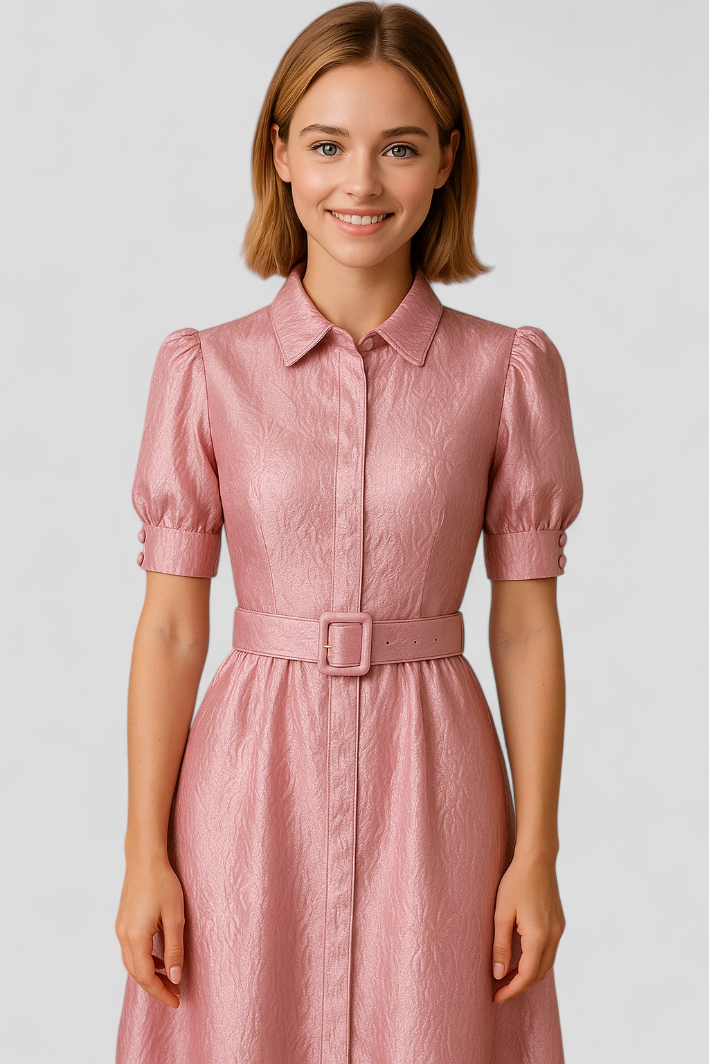 Aurelia | Abito Camicia Lungo Rosa in Jacquard con Fiori e Cintura Coordinata - - casual dresses DRESS Dresses female dress - Concept Palermo