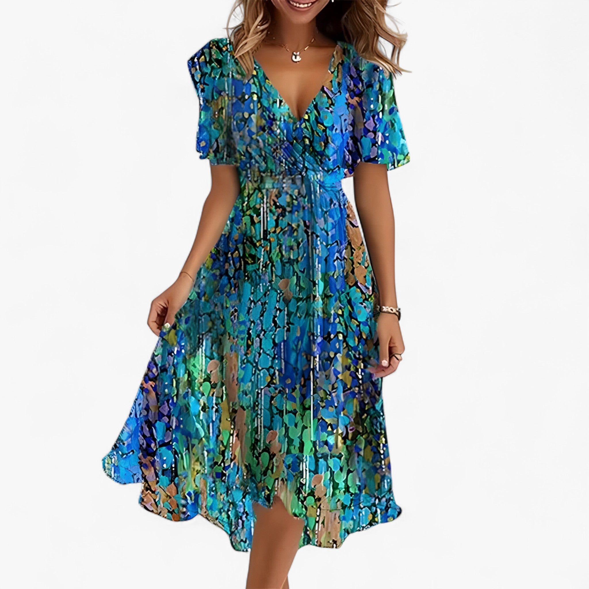 Emilia | Elegante abito midi con stampa floreale neutra - Azzurro - DRESS Dresses female dress floral dresses - Concept Palermo