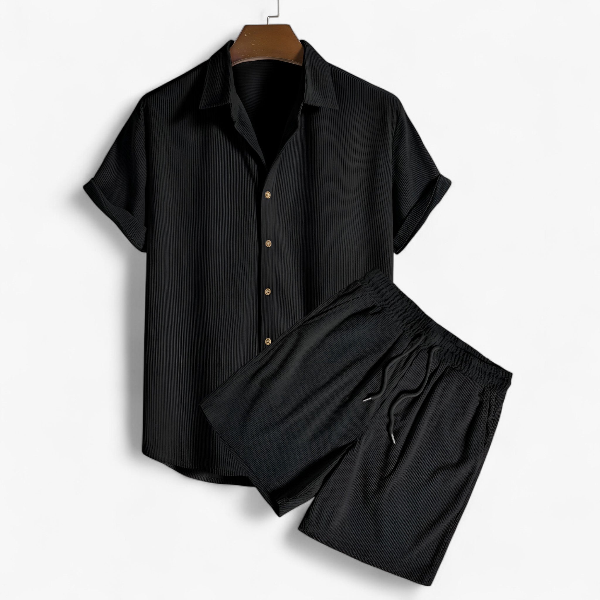 Daryl | Set Estivo da Uomo in Materiale Traspirante - Nero - afslappet stil delt sæt til mænd flerfarvet sæt komfortabelt skab kortærmet skjorte maskinvaskbar tøj slidstærke shorts sommer mode sommertøj til mænd udendørs outfit - Concept Palermo