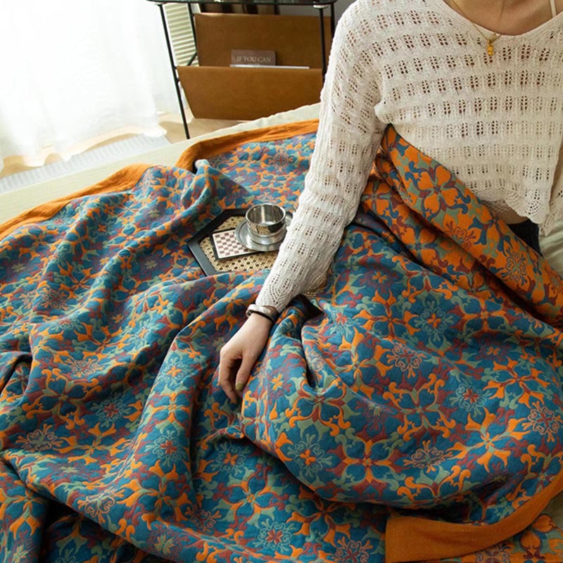 Stile etnico | Quilt in cotone a sei strati con motivo arancione e blu - - Blanket comforter quilts - Concept Palermo