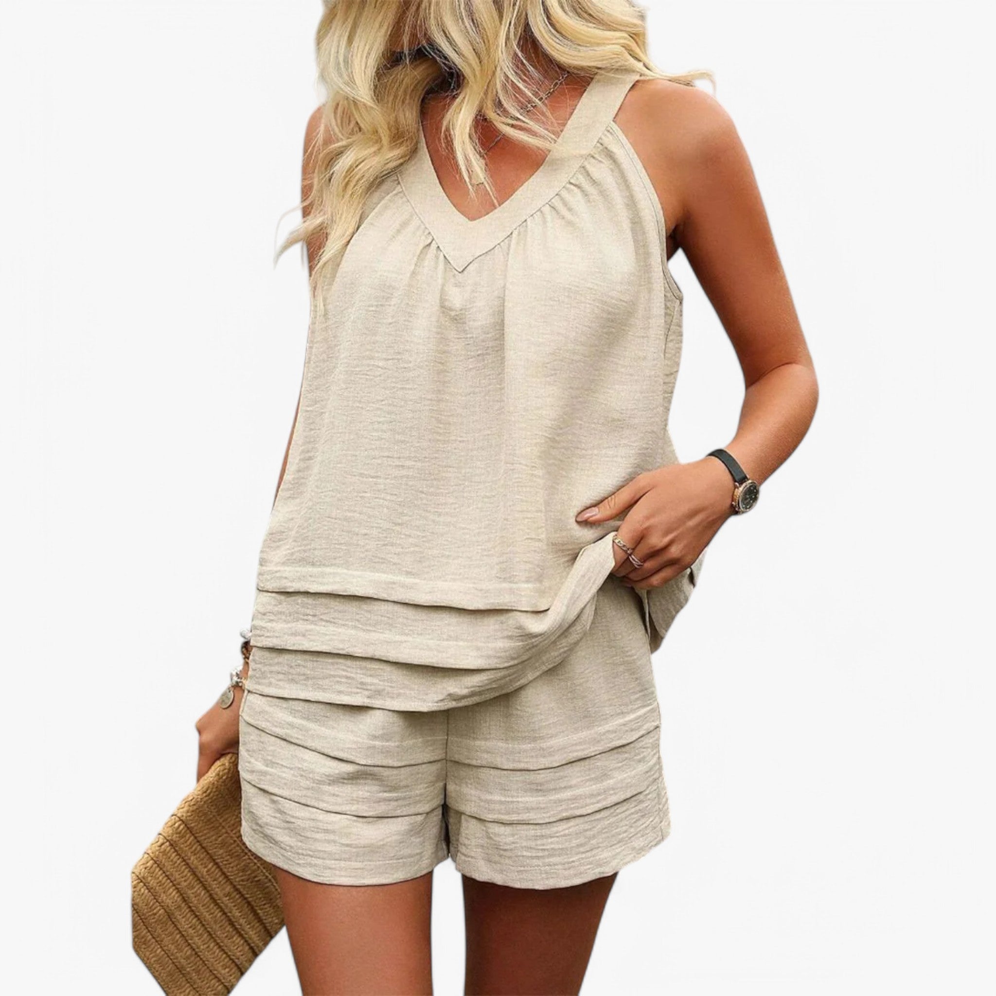 Elena | Set Due Pezzi Smanicato con Scollo a V - Cachi - 20240511 657081741070978 fcm no062224bs no070924bs PiuE87Q set summer Two Piece Sets WYX YS - Concept Palermo