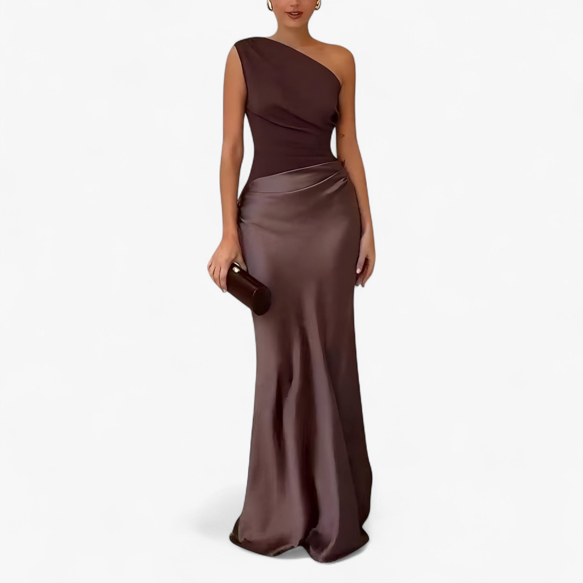 Lucie | Abito Donna Maxi Elegante Asimmetrico - Marrone - abito da cerimonia abito da matrimonio abito elegante da donna abito maxi elegante abito spalla unica moda donna elegante vestito asimmetrico vestito con pieghe vestito per eventi vestito versatile - Concept Palermo