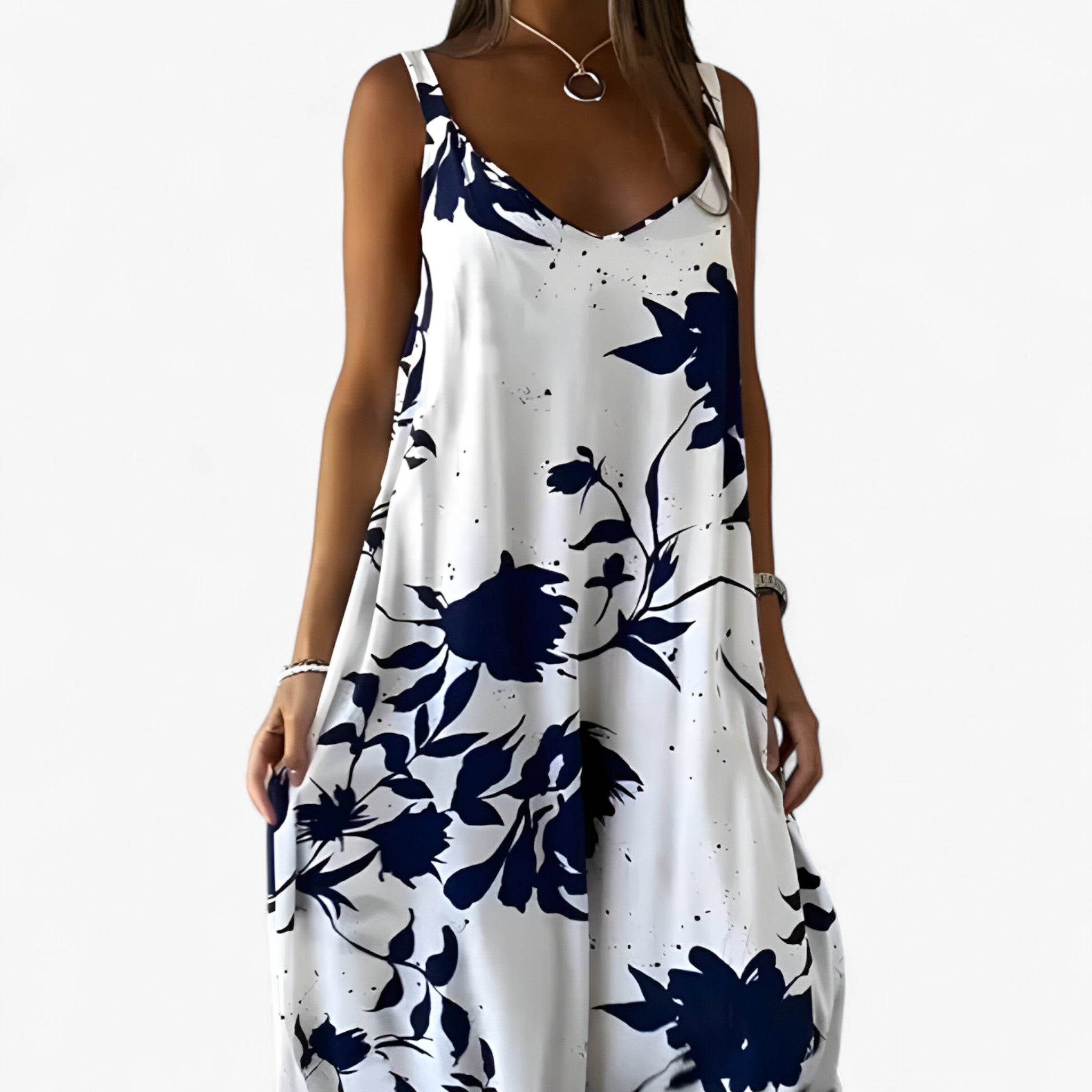 Daniela | Abito Donna Floreale Senza Maniche - Bianco - abito casual abito estivo abito femminile abito senza maniche fashion primavera estate moda estiva stile floreale vestito floreale vestito in cotone vestito leggero - Concept Palermo