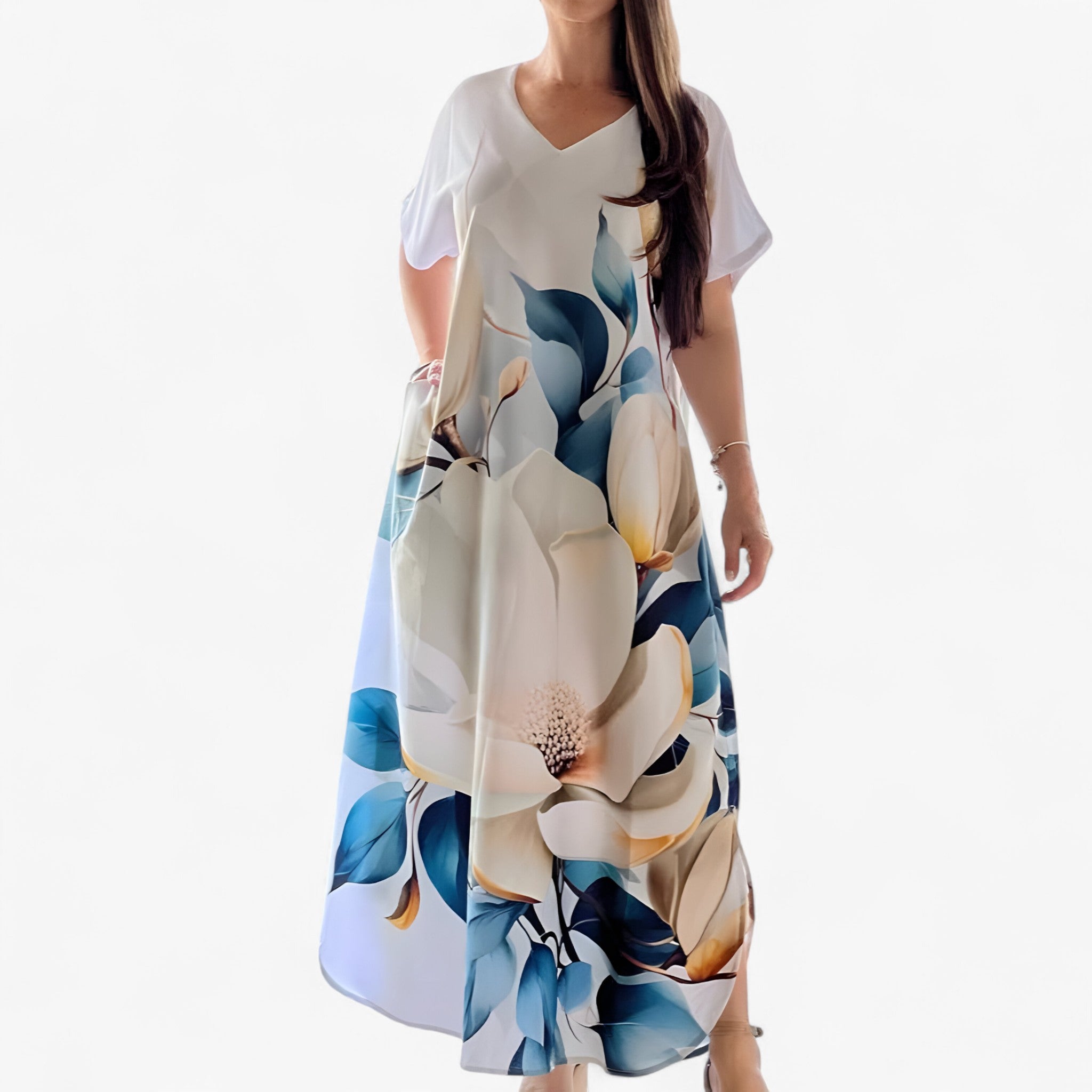 Felicia | Abito Donna V-Ausschnitt Casual in Tessuto Morbido - Bianco - abiti stampati abiti taglie forti abito casual donna abito estivo elegante abito per ogni silhouette collezione abiti ampi stile casual chic tessuto morbido vestibilità ampia vestito con V-Ausschnitt - Concept Palermo