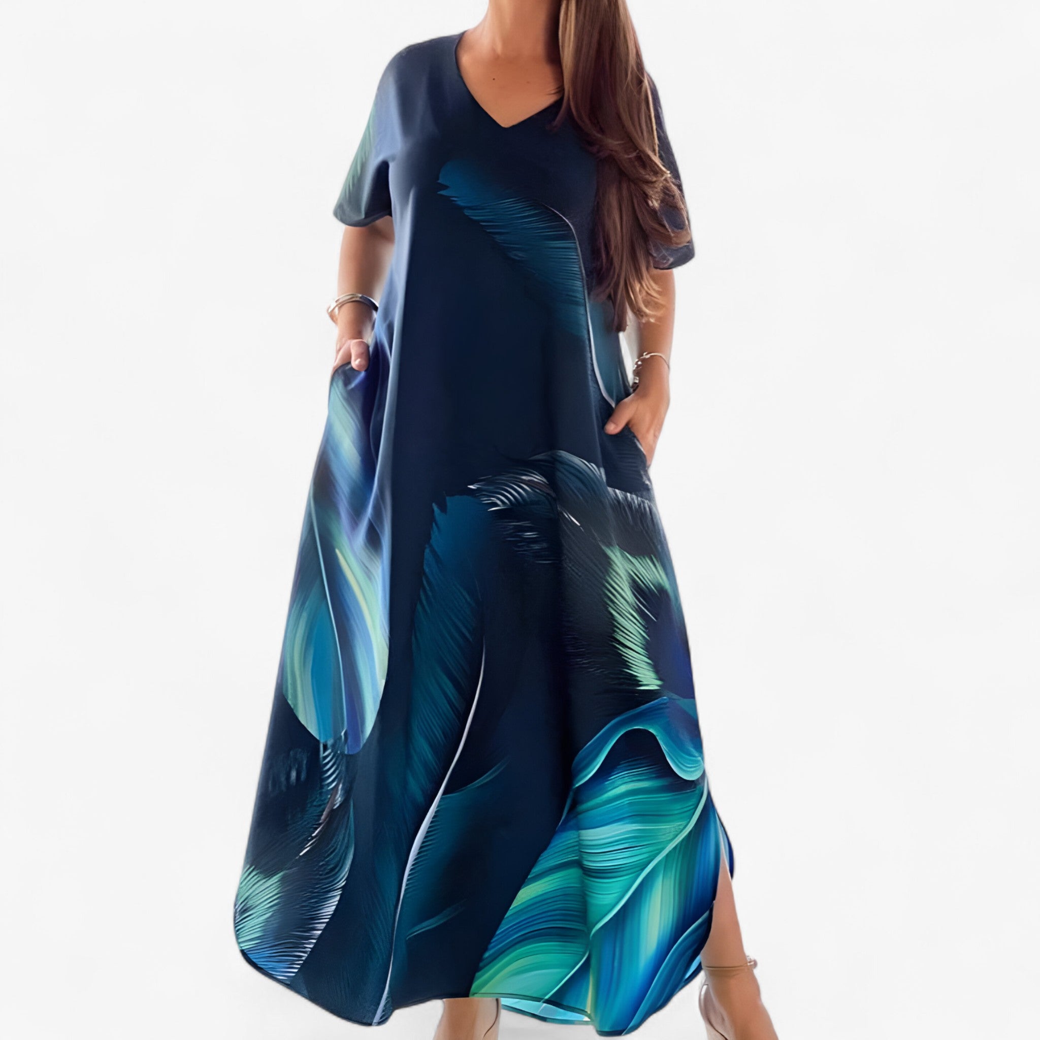 Felicia | Abito Donna V-Ausschnitt Casual in Tessuto Morbido - Blu - abiti stampati abiti taglie forti abito casual donna abito estivo elegante abito per ogni silhouette collezione abiti ampi stile casual chic tessuto morbido vestibilità ampia vestito con V-Ausschnitt - Concept Palermo