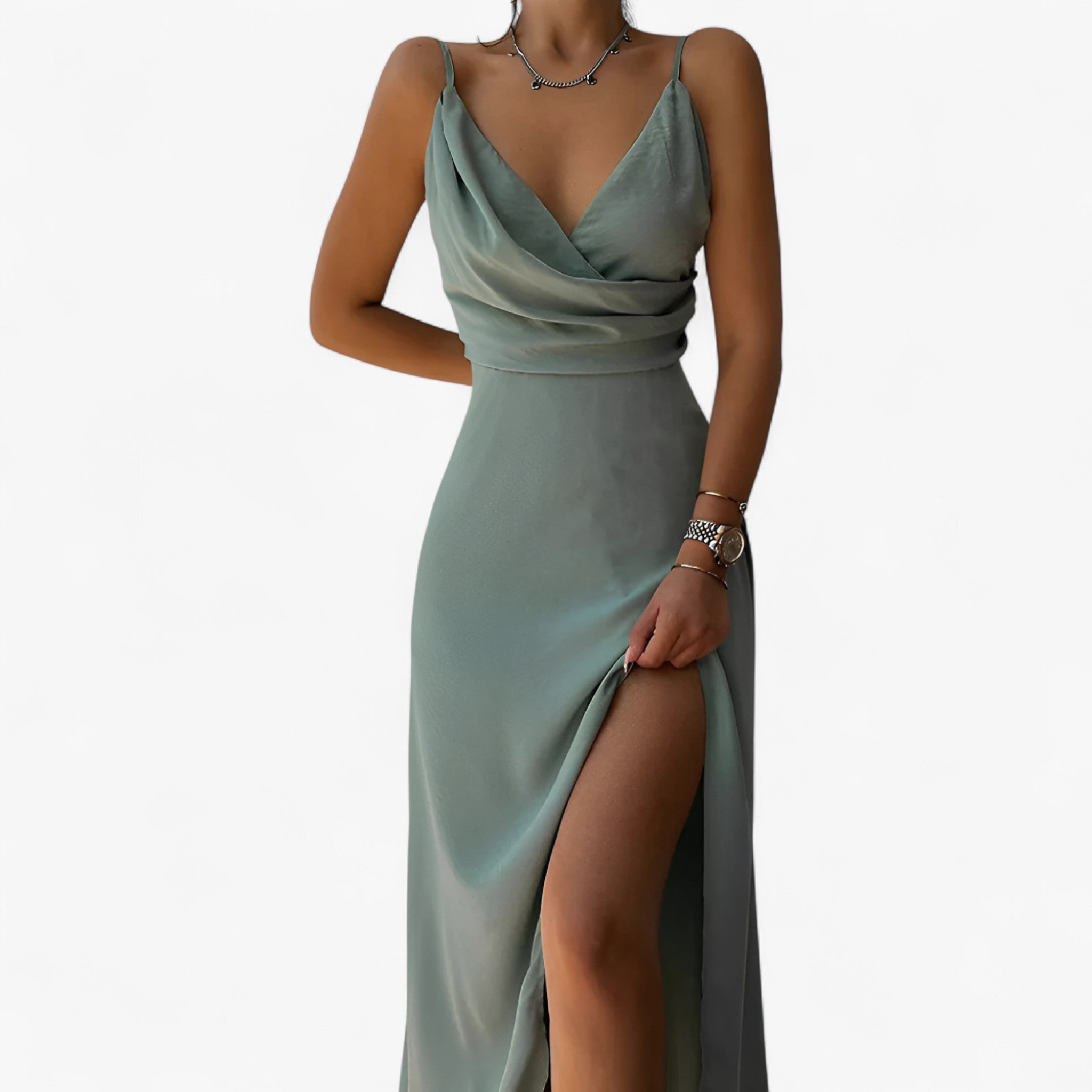 Katia | Abito Donna in Satin Elegante con Scollo a Cascata - Sage - abito con alto spacco abito da matrimonio abito elegante abito serale abito versatile look raffinato outfit femminile stile elegante vestito con scollo a cascata vestito in satin - Concept Palermo