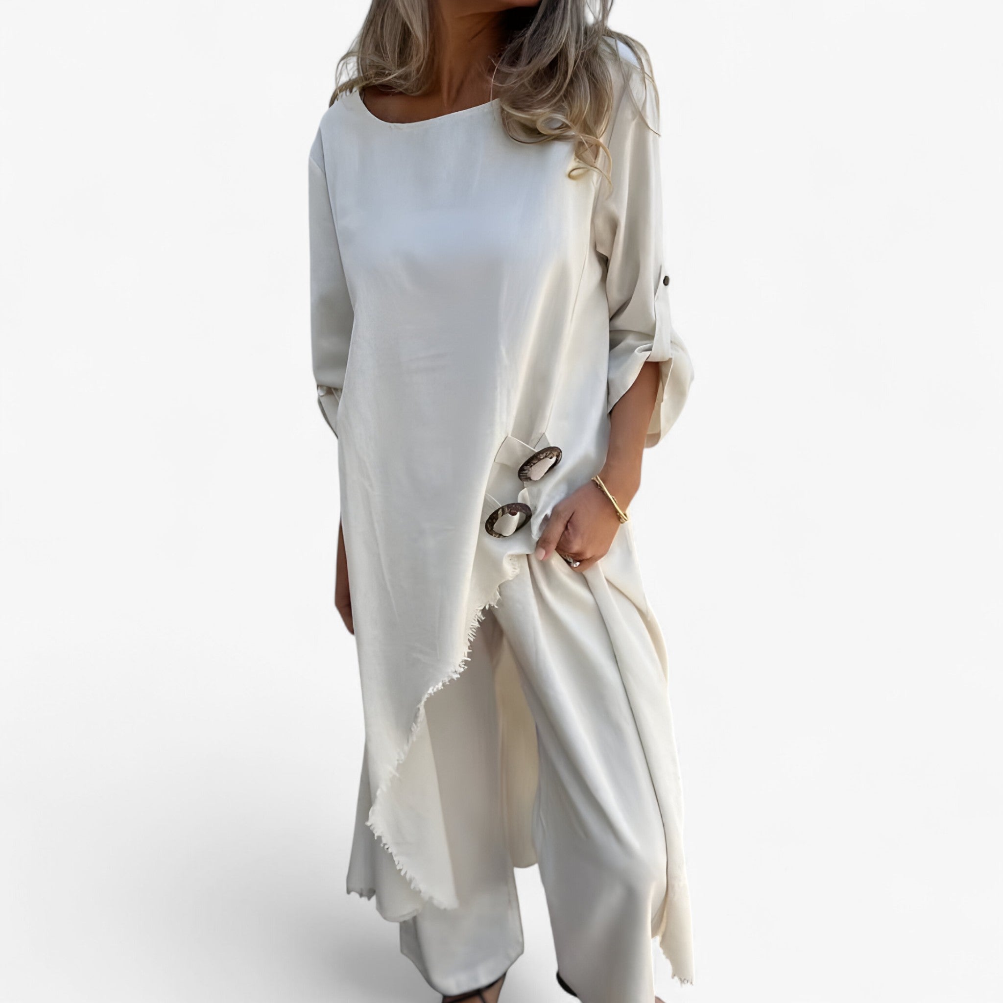 Mia | Abito e Pantaloni Donna in Cotone e Lino - Bianco - abbigliamento estivo abbigliamento versatile abito e pantaloni moda primavera estate outfit elegante pantaloni comodi set in cotone e lino taglio irregolare tessuto traspirante vestibilità ampia - Concept Palermo