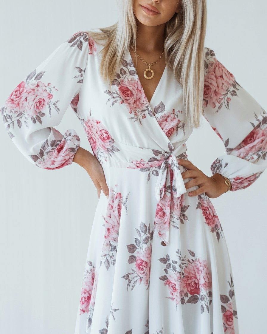 Agnes | Abito Donna Elegante Bianco - - abito bianco abito elegante abito estivo abito lungo abito versatile cintura regolabile maniche lunghe scollo a V stampa floreale vestito da cerimonia - Concept Palermo