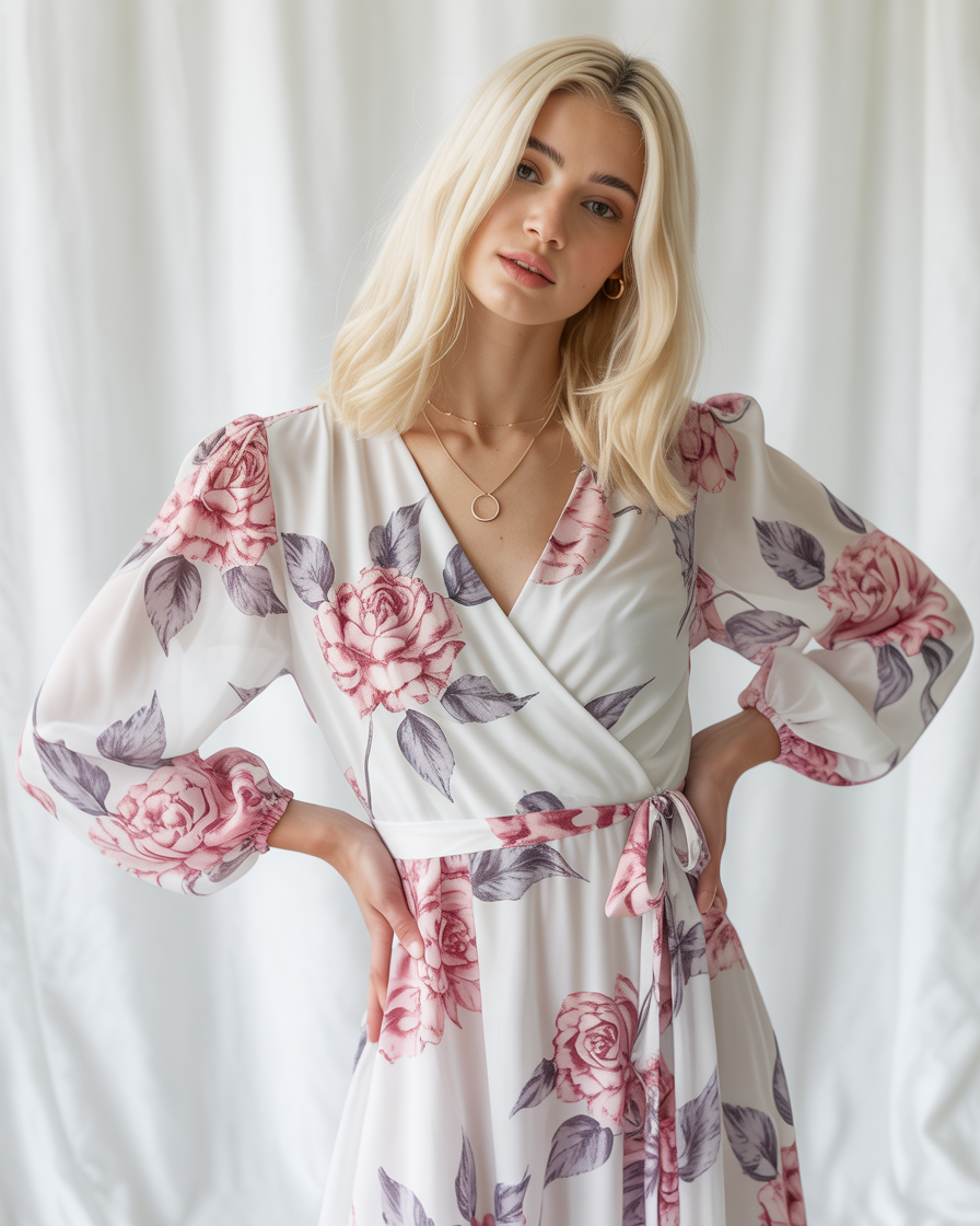 Agnes | Abito Donna Elegante Bianco - - abito bianco abito elegante abito estivo abito lungo abito versatile cintura regolabile maniche lunghe scollo a V stampa floreale vestito da cerimonia - Concept Palermo