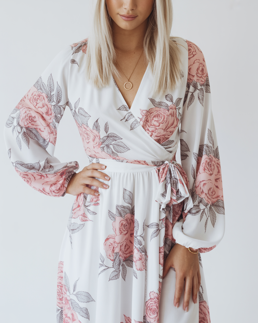 Agnes | Abito Donna Elegante Bianco - - abito bianco abito elegante abito estivo abito lungo abito versatile cintura regolabile maniche lunghe scollo a V stampa floreale vestito da cerimonia - Concept Palermo