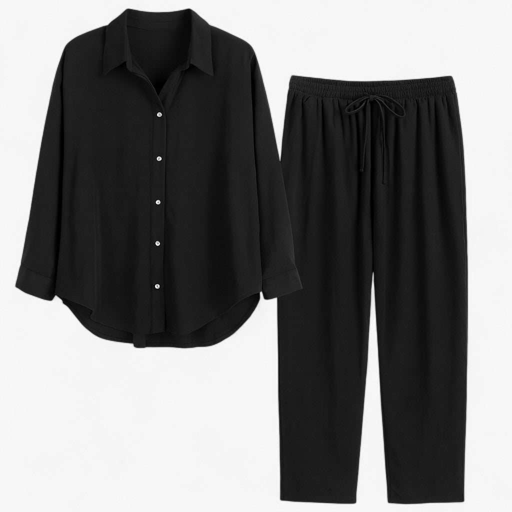 Beth | Completo Estivo Elegante in Lino e Cotone - Nero - abbigliamento comodo abbigliamento traspirante abiti in lino camicia casual completo estivo moda rilassata outfit estivo pantaloni larghi set in lino e cotone stile naturale - Concept Palermo
