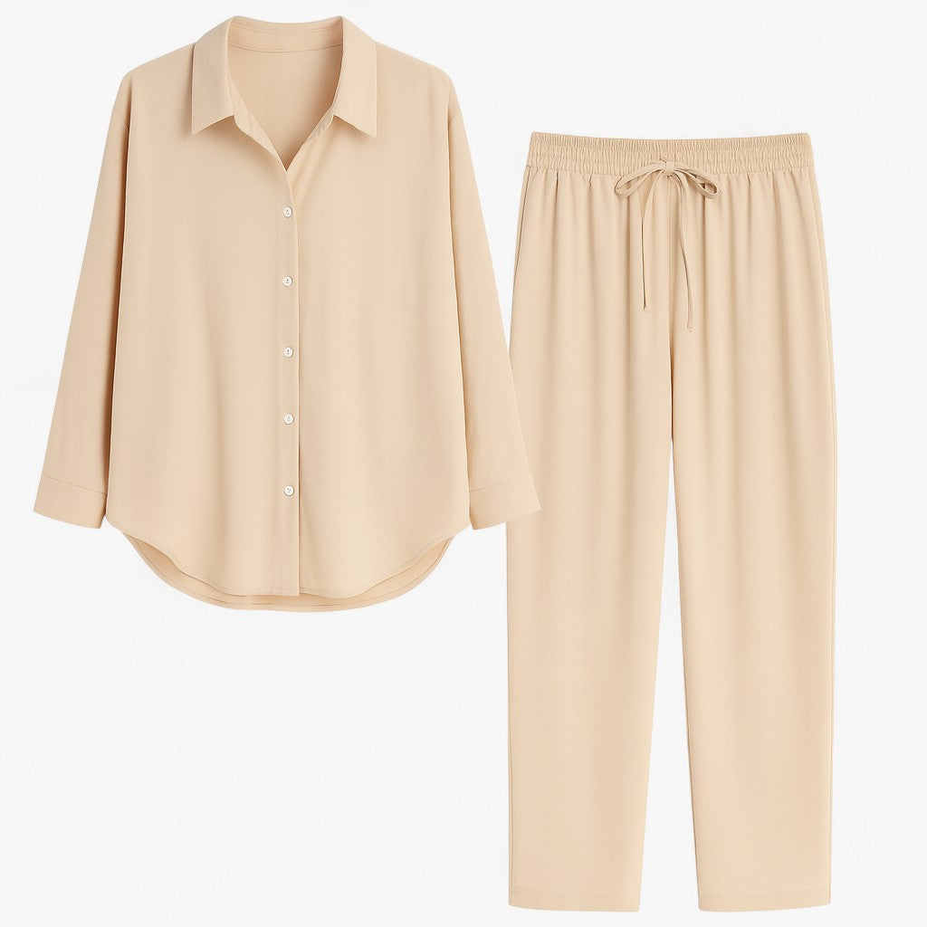 Beth | Completo Estivo Elegante in Lino e Cotone - Beige - abbigliamento comodo abbigliamento traspirante abiti in lino camicia casual completo estivo moda rilassata outfit estivo pantaloni larghi set in lino e cotone stile naturale - Concept Palermo