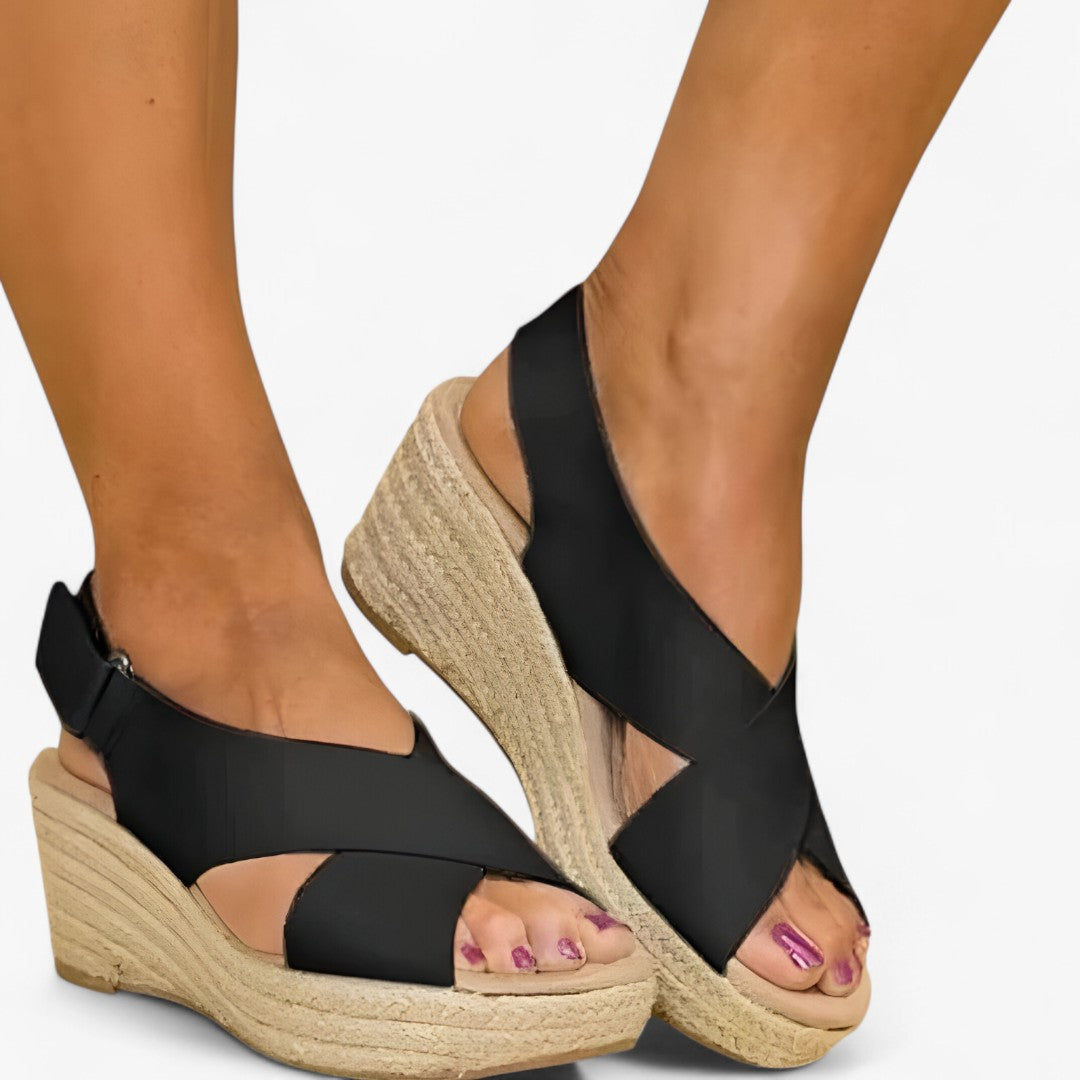 Bianca | Sandali con zeppa intrecciata con stile - Nera - Accessoires Dames Sandalen Schoenen - Concept Palermo