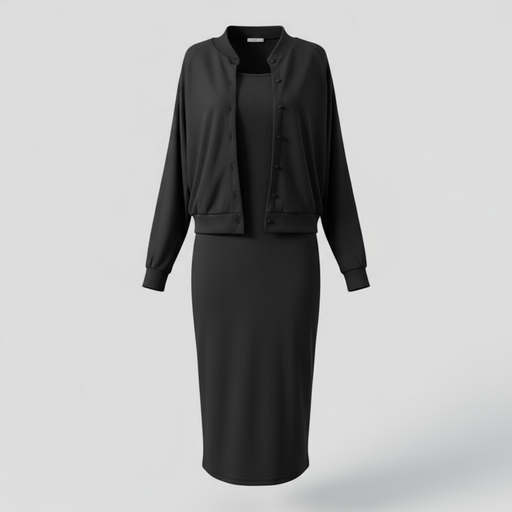 Acadia | Abito Midi Elegante con Cardigan Abbinato - Nero - abbigliamento casual abito midi abito versatile cardigan elegante moda femminile outfit formale stile comodo tessuto di alta qualità - Concept Palermo