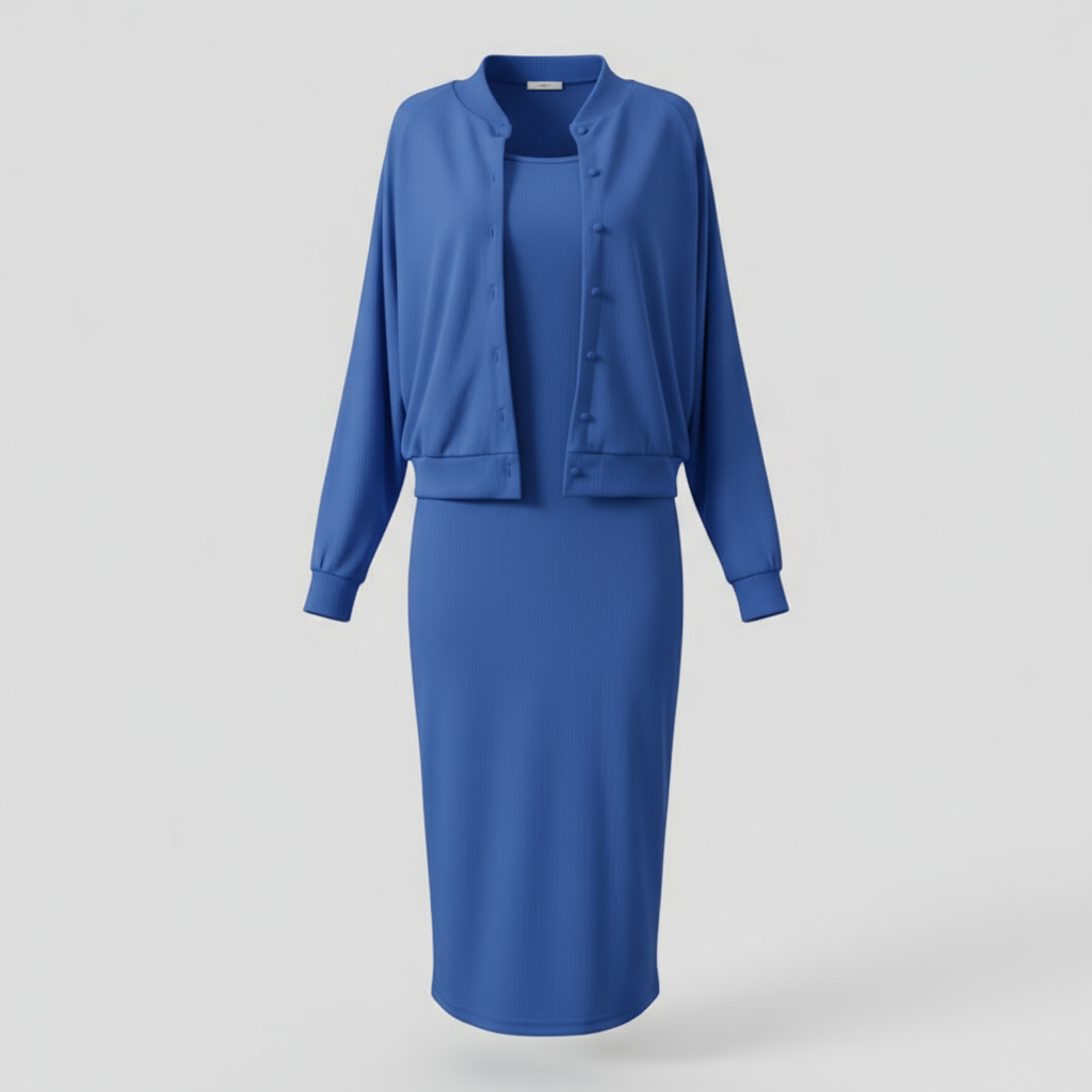 Acadia | Abito Midi Elegante con Cardigan Abbinato - Blu - abbigliamento casual abito midi abito versatile cardigan elegante moda femminile outfit formale stile comodo tessuto di alta qualità - Concept Palermo