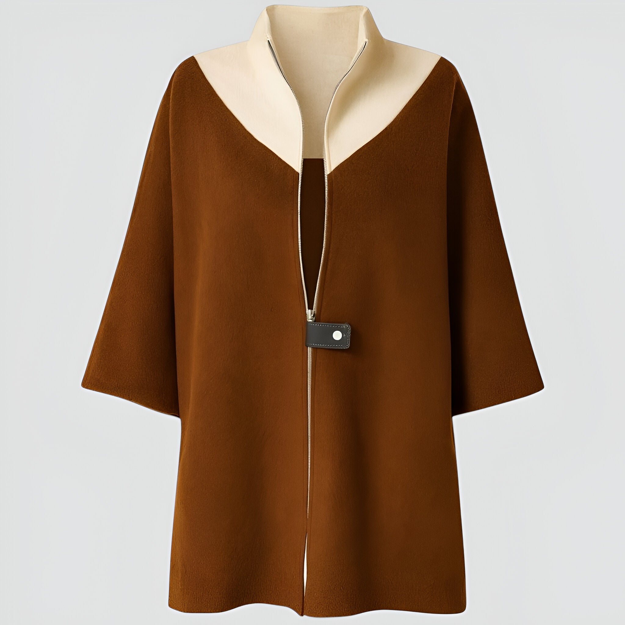 Elena | Cappotto donna in lana con zip - Marrone scuro - Mode féminine Veste avec zip Veste bicolore Veste casual chic Veste col montant Élégante et confortable - Concept Palermo