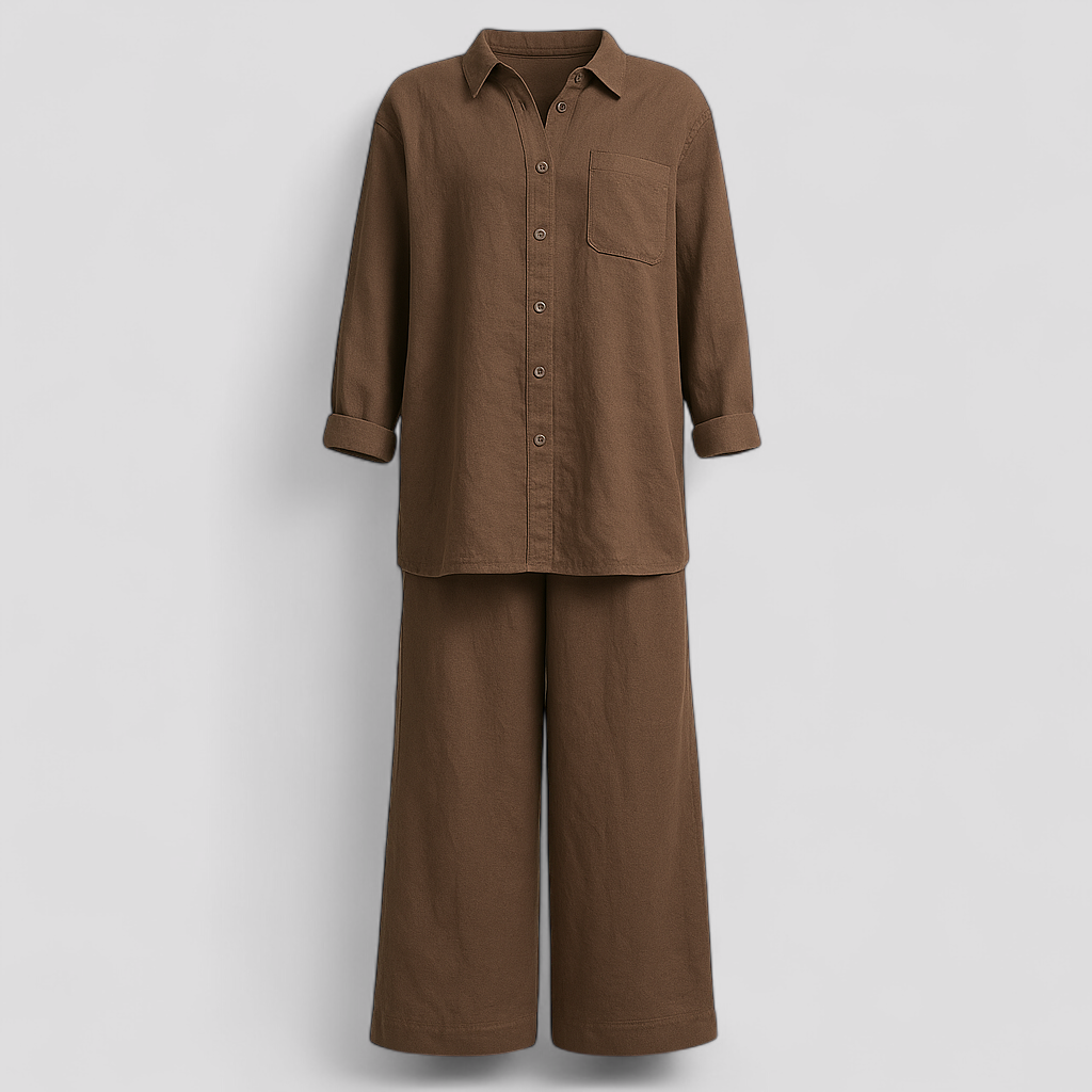 Gaile | Completi Donna Eleganti in Lino - Marrone - abbigliamento comfort abbigliamento elegante blusa in lino moda sostenibile pantaloni larghi set di lino stile casual stile formale tessuto traspirante vestibilità leggera - Concept Palermo