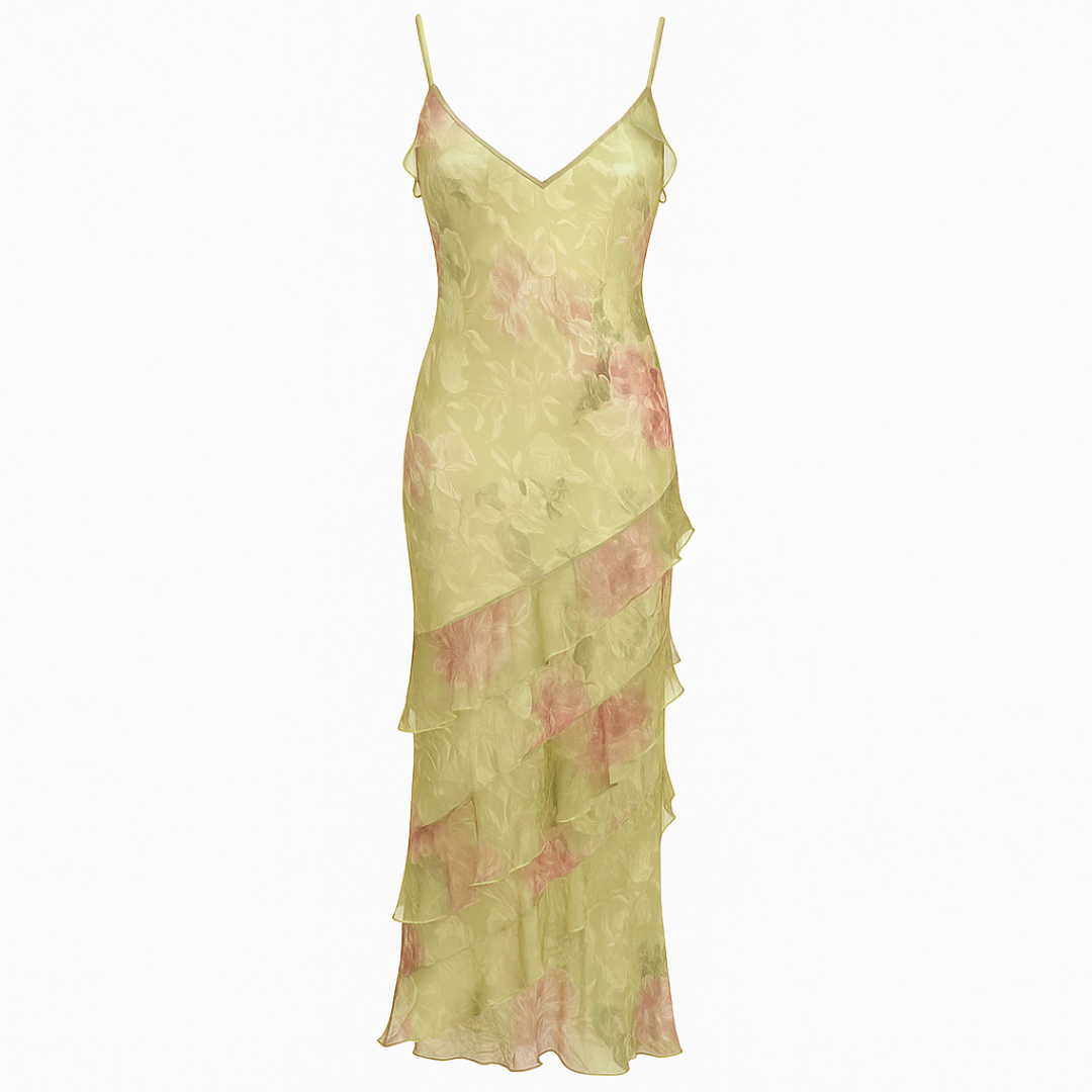 Aurora | Abito a sacchetto – Fiori pastello e eleganti strati - Oro - shop now trendy fashion women - Concept Palermo