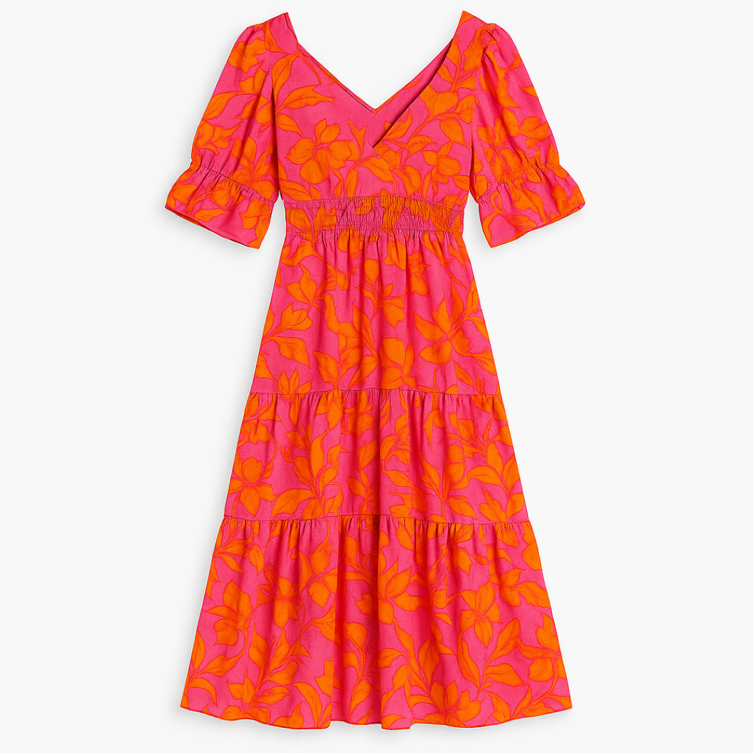 Nina | Abito lungo floreale vivace con maniche a sbuffo - Rosa fucsia con stampa floreale arancione intenso - DRESS Dresses female dress Maxi Dresses Mini Dresses - Concept Palermo