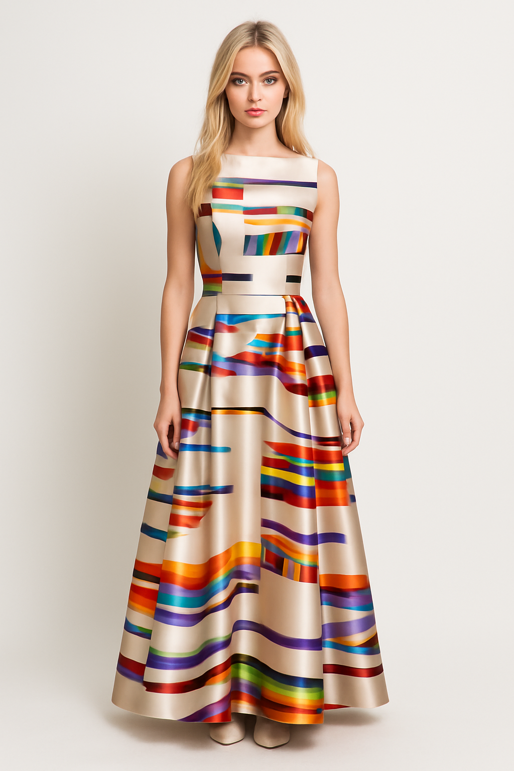 Fiorella | Abito midi da donna con stampa astratta colorata e gonna a pieghe a trapezio - - casual dress casual dresses DRESS Dresses female dress Maxi dress Maxi Dresses - Concept Palermo