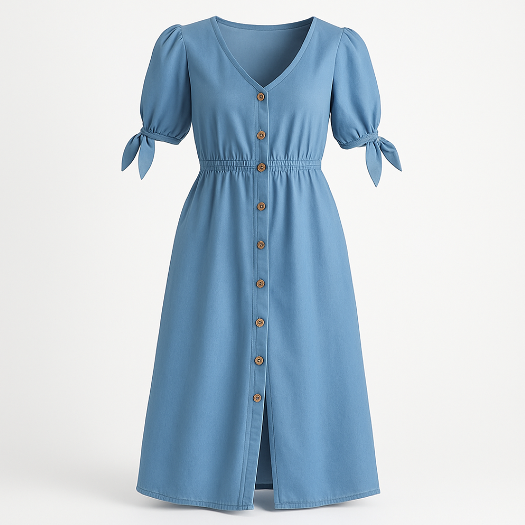 Charlotte | Abito midi con maniche a sbuffo e bottoni in legno - Blu - Dresses female dress Going out dress - Concept Palermo