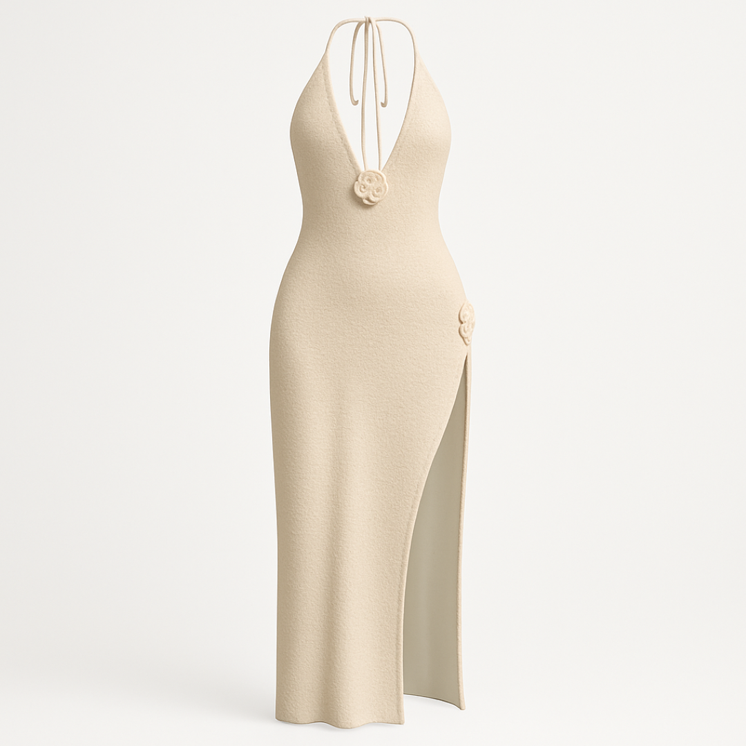 Isabella | Abito lungo in maglia con rosetta – Eleganza scolpita in morbida crema - - Dresses female dress Maxi Dresses - Concept Palermo