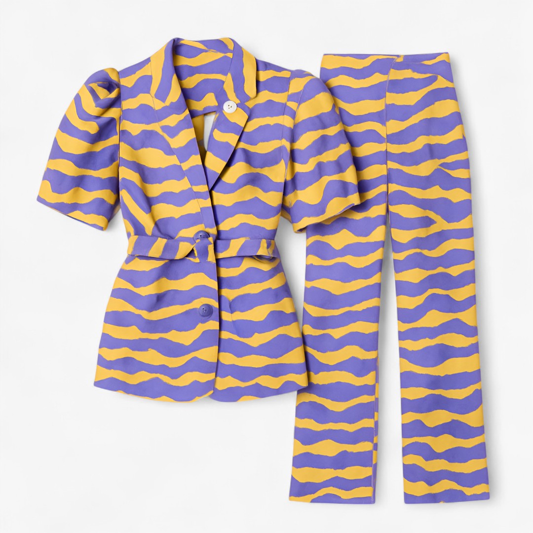 Beatrix | Completo Solara con maniche a sbuffo e stampa astratta viola e gialla - Porpora con giallo - Sets Woman - Concept Palermo
