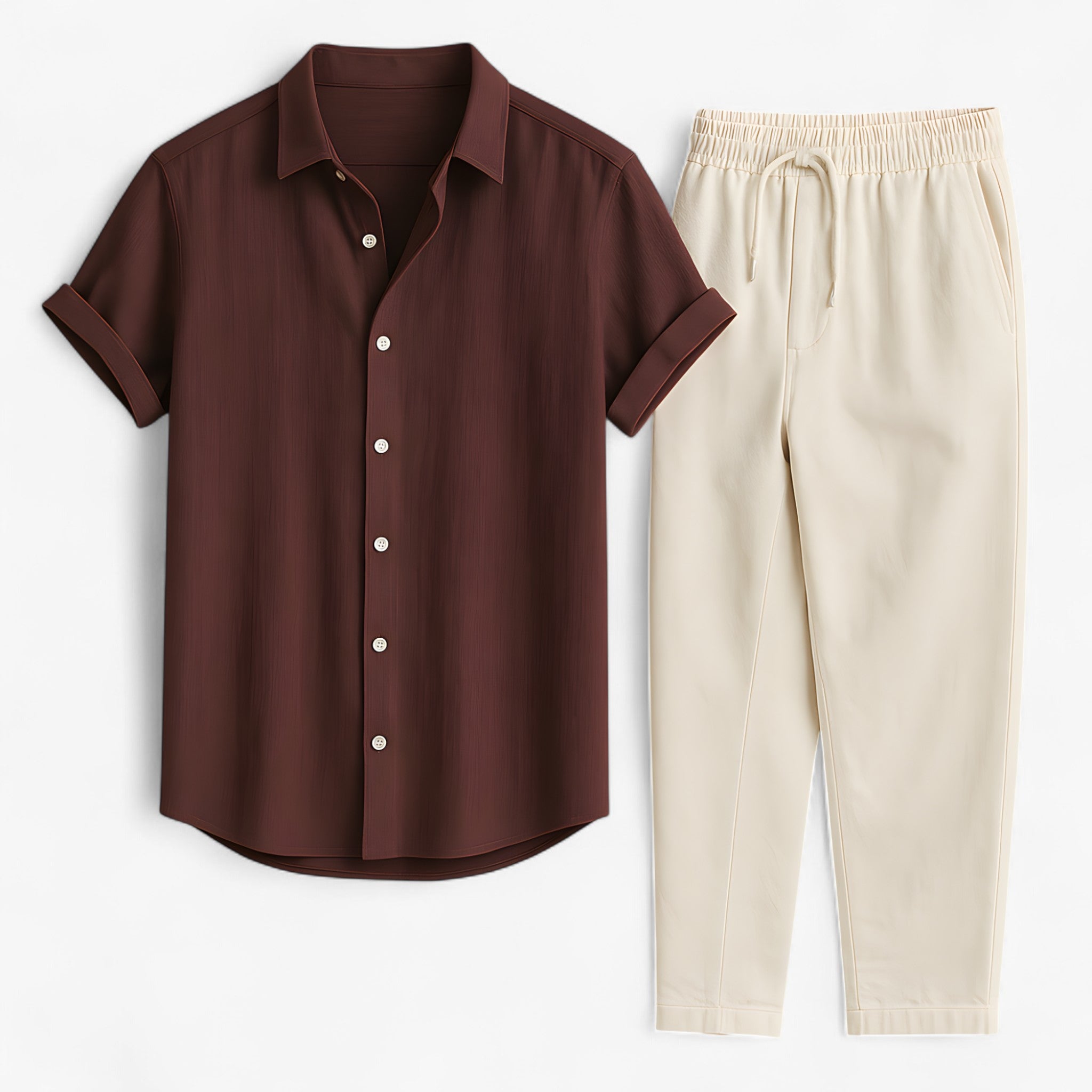 Maxim | Camicia e pantaloni in lino dal taglio rilassato – Raffinatezza traspirante - Marrone caffè - Basic beige bestsellers man oud Solid Summer - Concept Palermo