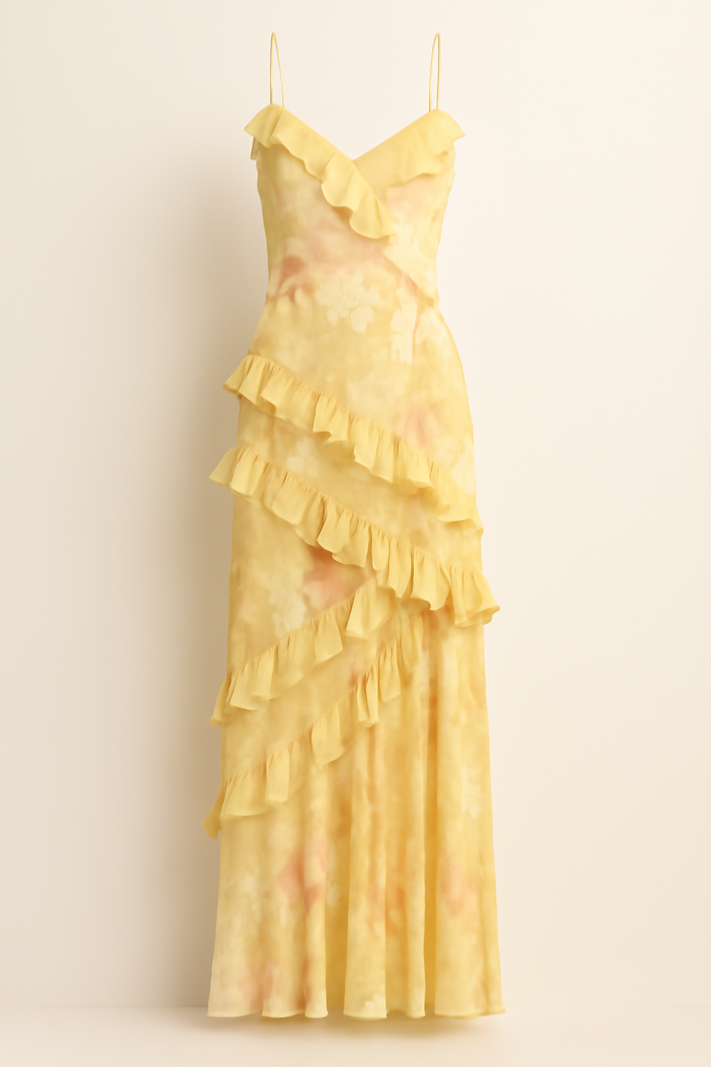Penelope | Abito lungo con volant floreali – Eleganza morbida e sognante in tonalità pastello - Oro - DRESS Dresses female dress Maxi Dresses - Concept Palermo
