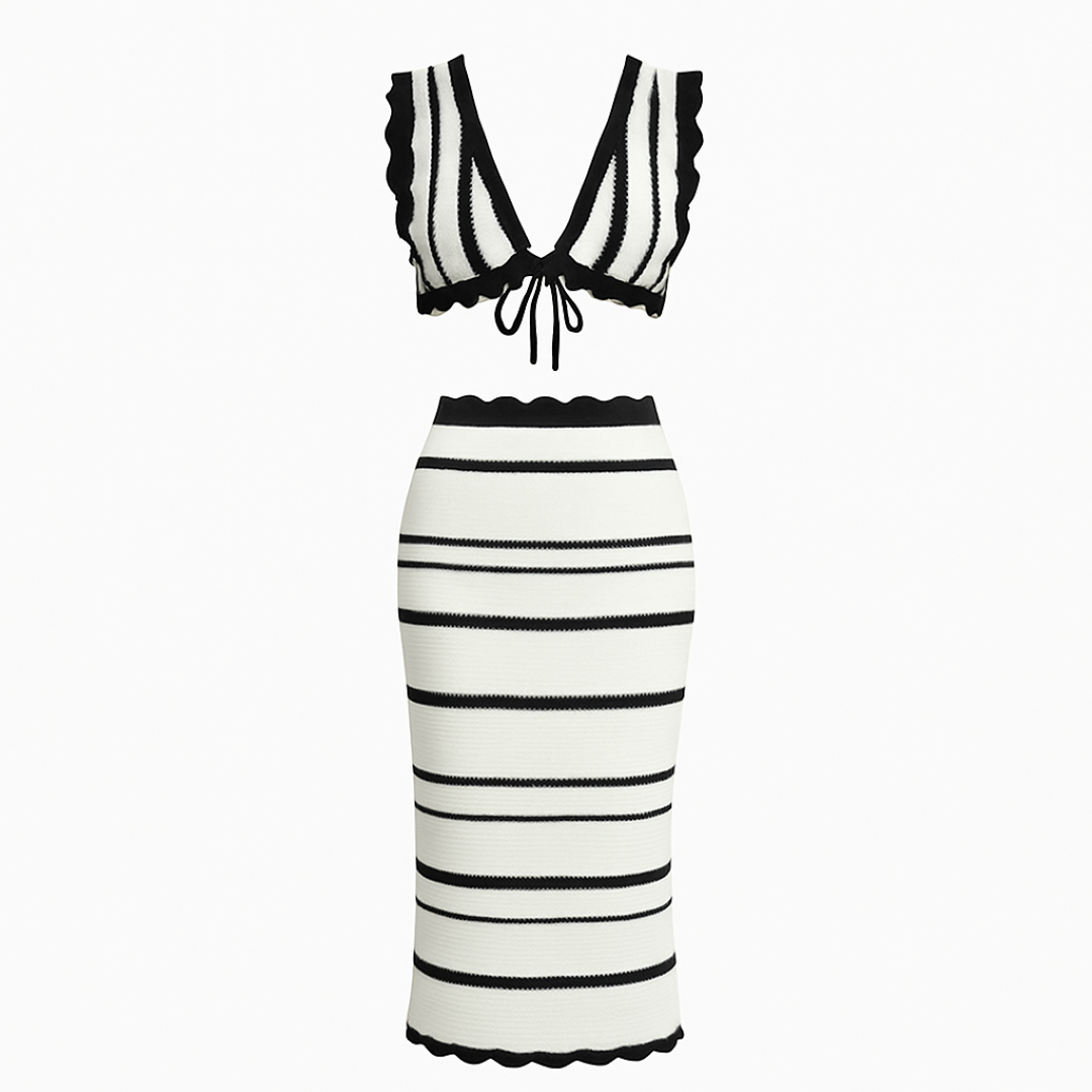 Maya | Set all'uncinetto a righe – Fascino senza sforzo in punti monocromatici - Bianco con strisce nero - Backless Dresses casual dresses DRESS Dresses female dress Going out dress Maxi Dresses midi dresses - Concept Palermo